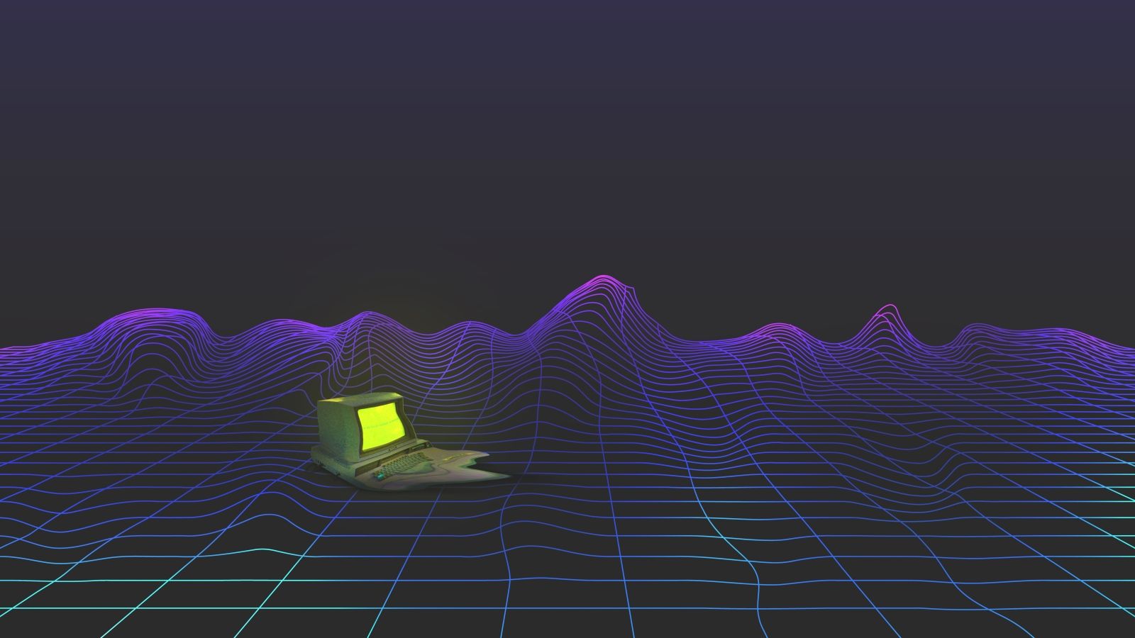 Retro-Computer, Gitterlandschaft, Wireframe, Synthwave, Minimalistisch, HD-Hintergrundbild für PC