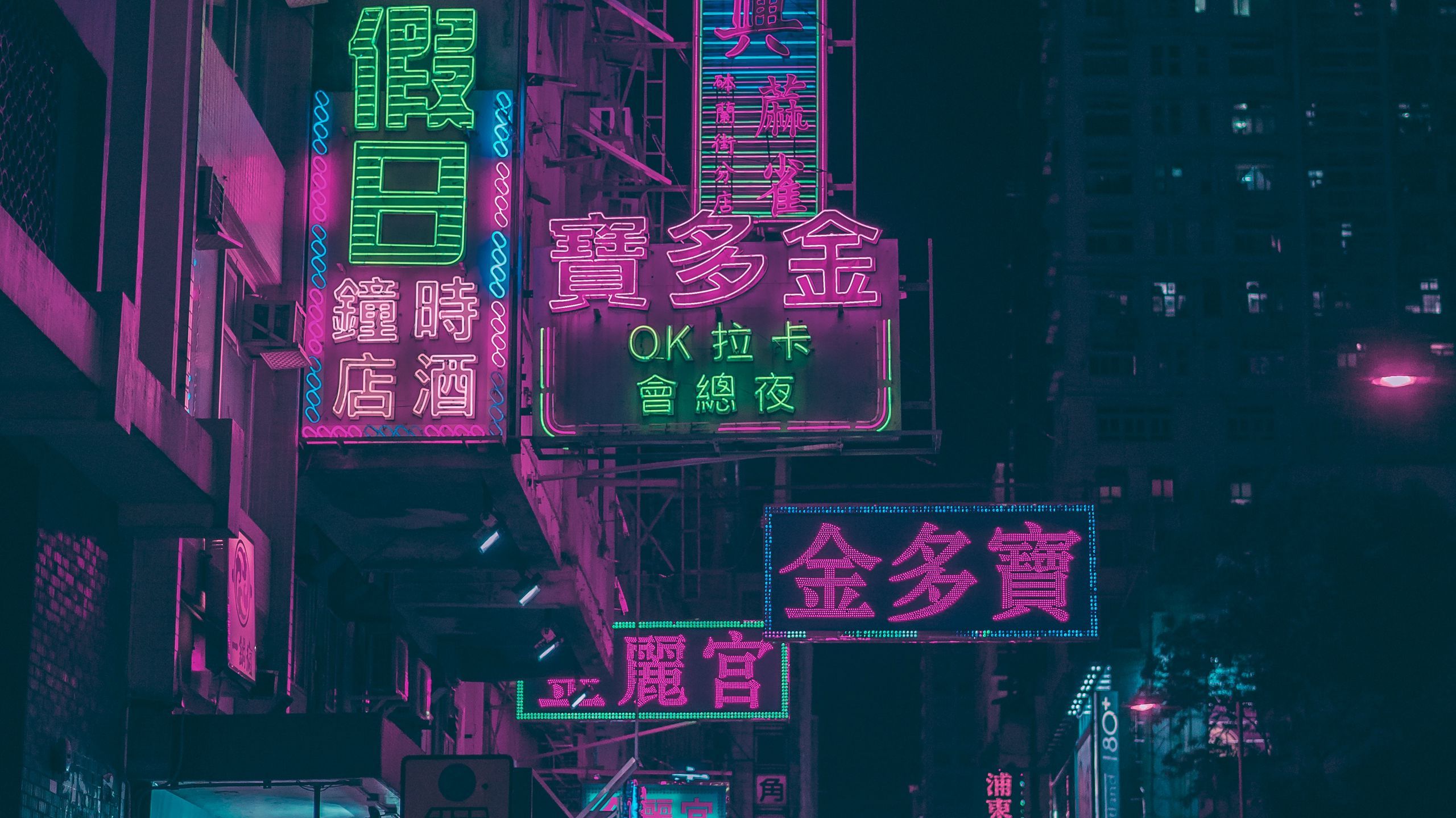 Neonschilder, Chinesische Schrift, Nacht, Stadt, Grün, Pink, 2560x1440, Desktop-Hintergrund