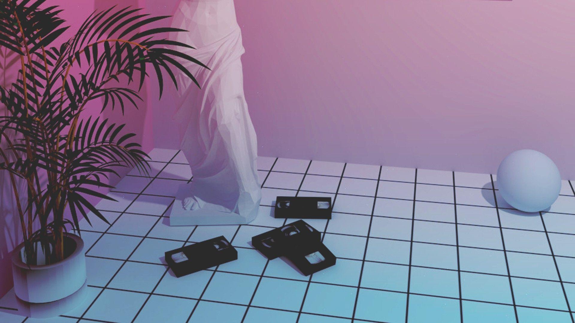 Vaporwave, Kassetten, Palme, Fliesenboden, Rosa Licht, Full HD 1080p, Desktop-Hintergrundbild