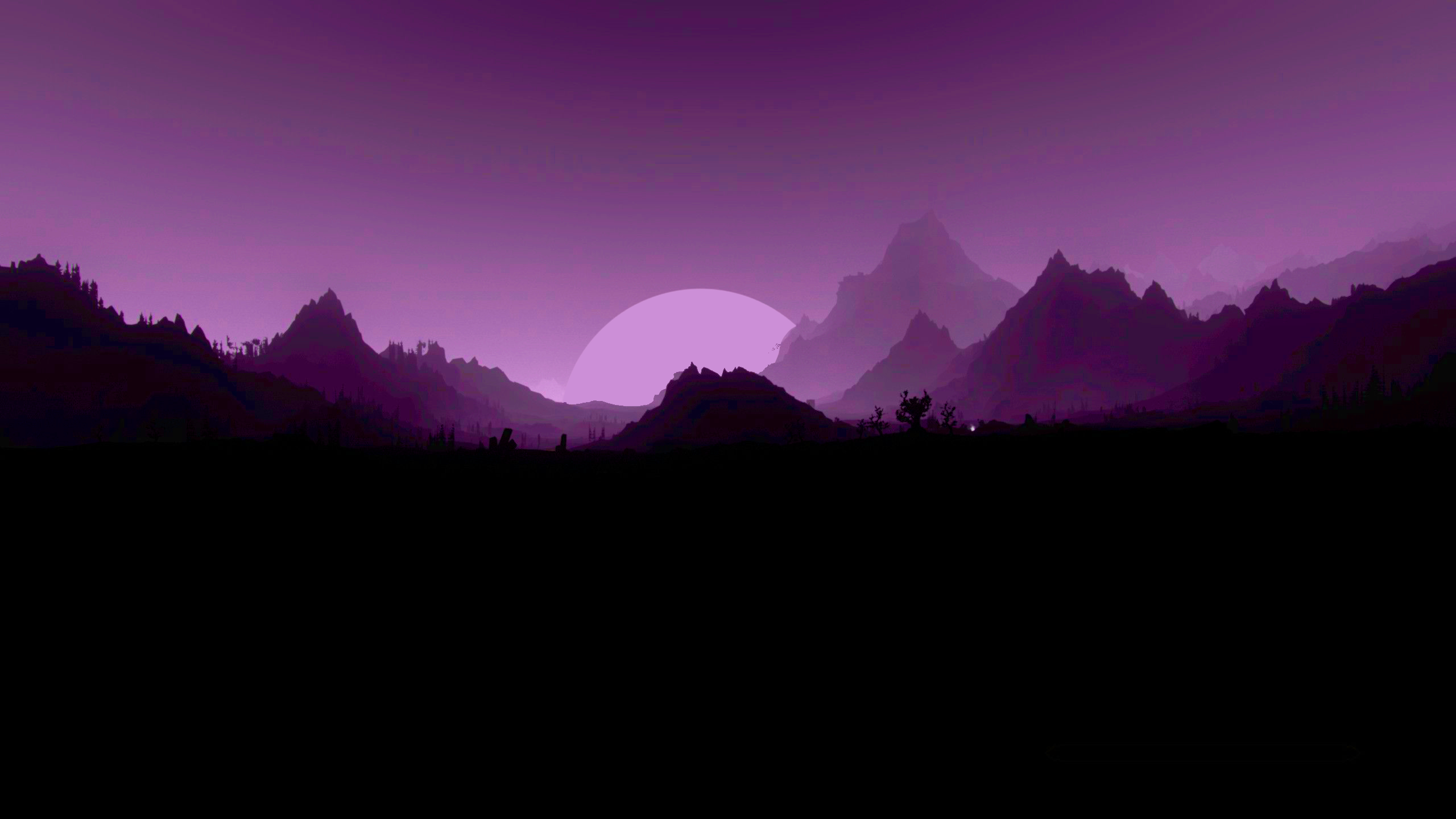Berge, Silhouette, Lila Himmel, Sonne, Minimalistisch, 2K, Hintergrund für den Desktop