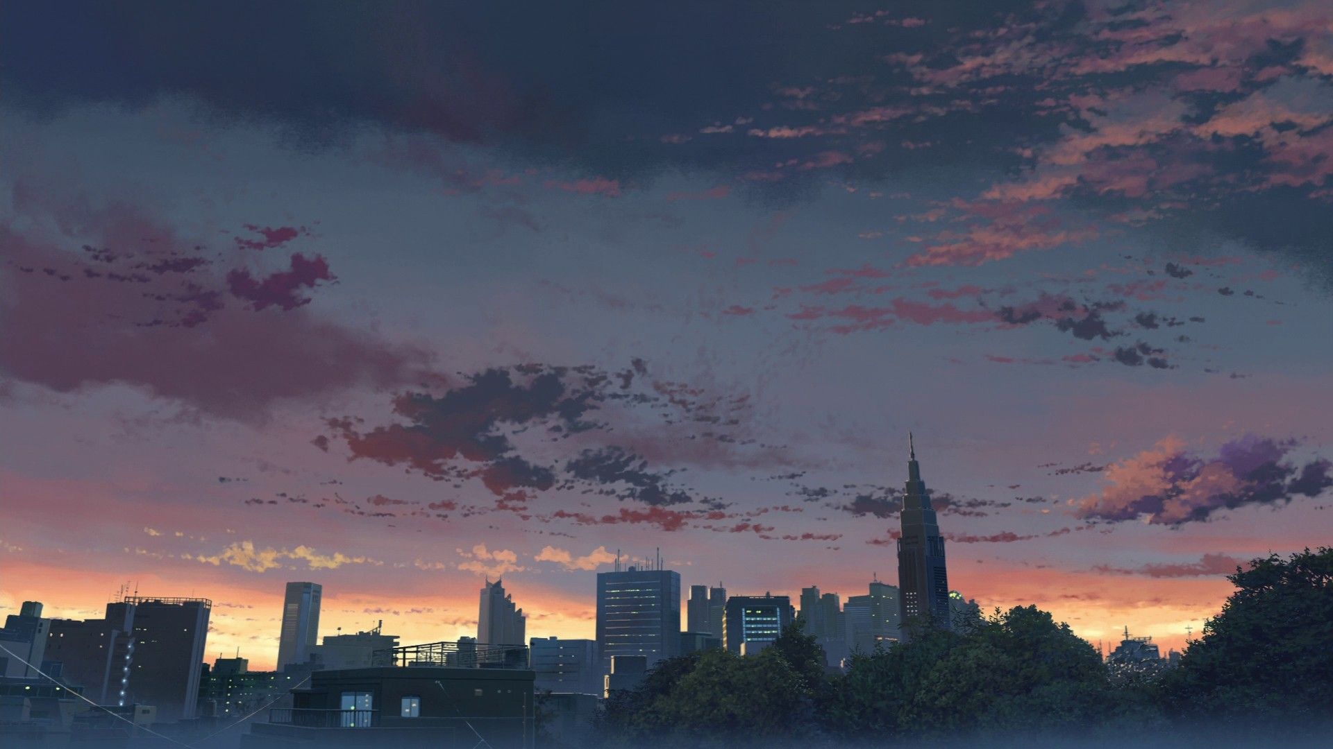 Skyline, Wolken, Sonnenuntergang, Anime-Stil, Turm, Full HD 1080p, Desktop-Hintergrundbild