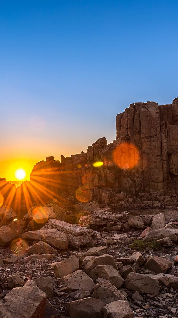 Sonnenuntergang, Felsen, Blauer Himmel, Sonnenstern, HD, Sperrbildschirm fürs iPhone
