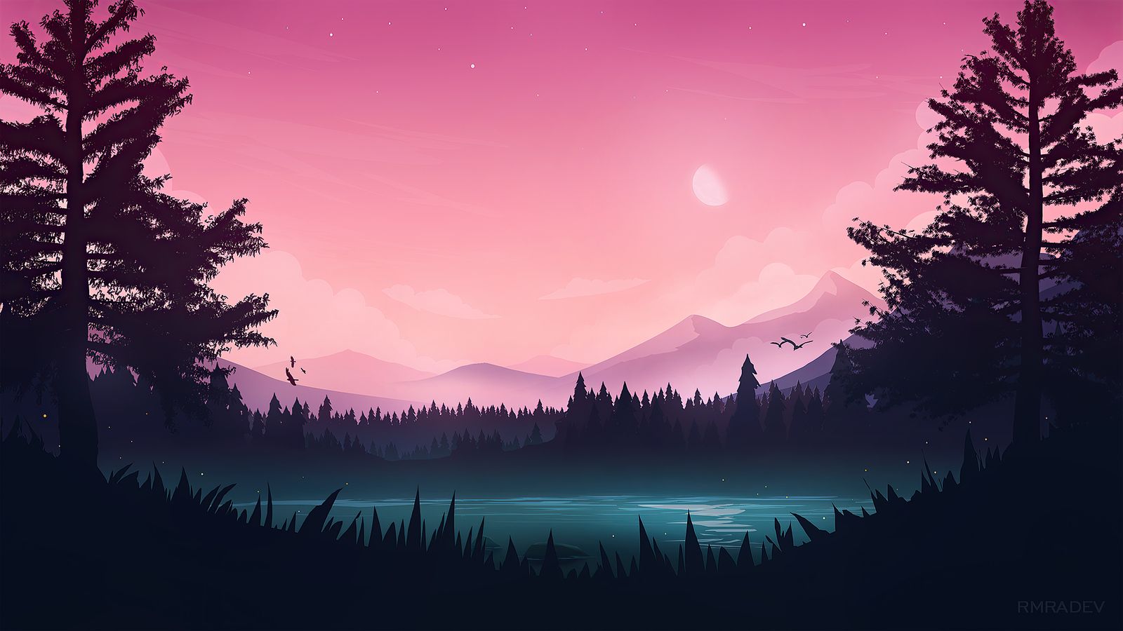 Wald, See, Berge, Rosa Himmel, Mond, Tannen, HD, Hintergrund für den Desktop