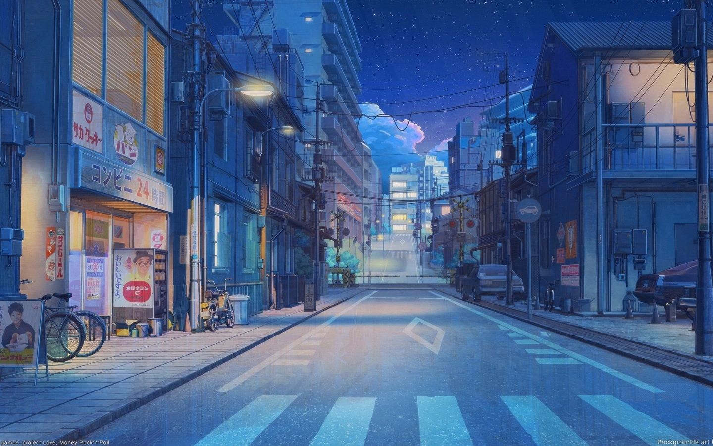 Straße, Zebrastreifen, Japanische Stadt, Anime-Stil, Abend, HD-Hintergrundbild für PC