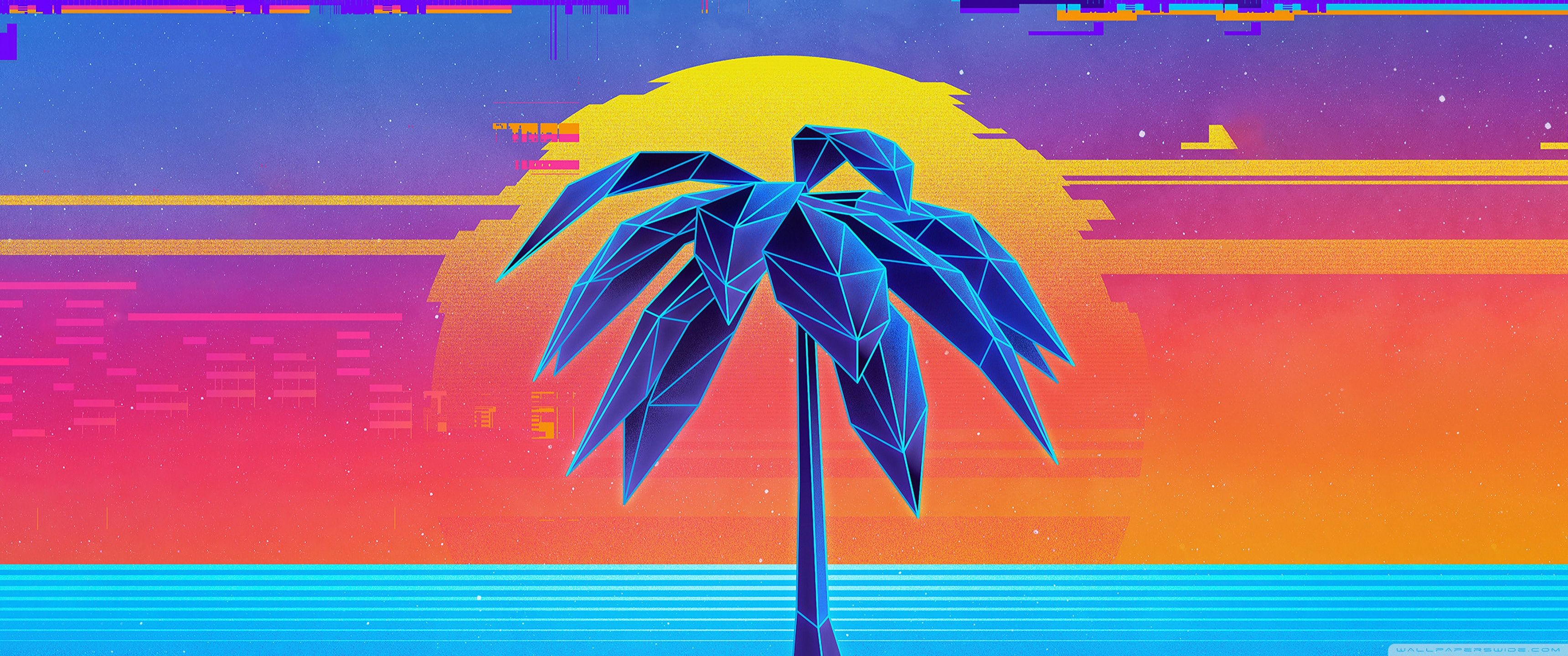 Palme, Sonne, Synthwave, Low-Poly, Glitch, 2K, Hintergrundbild für den PC