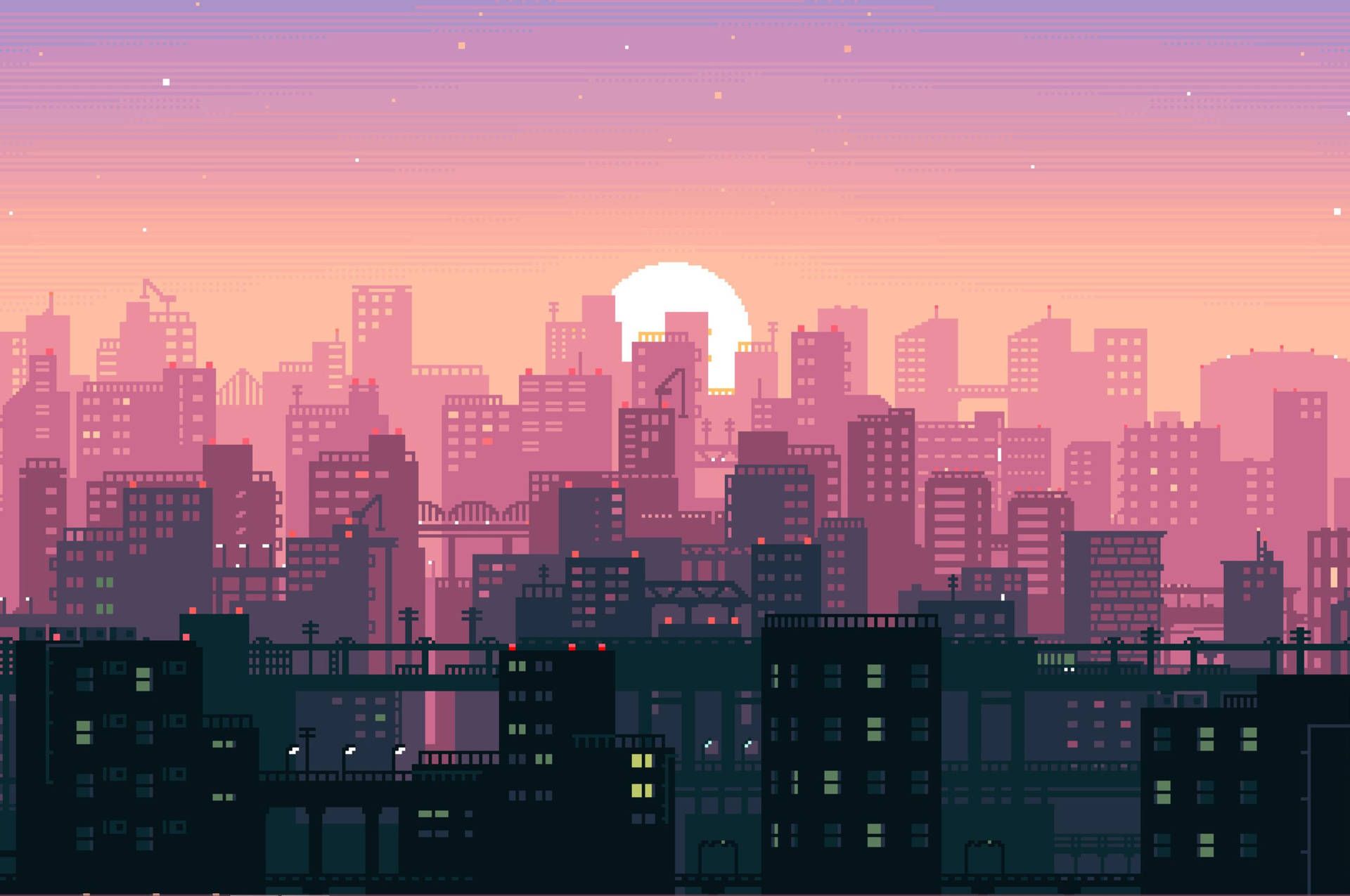 Pixel-Art, Skyline, Sonnenuntergang, Rosa Himmel, Stadt, Full HD, Windows-Hintergrundbild