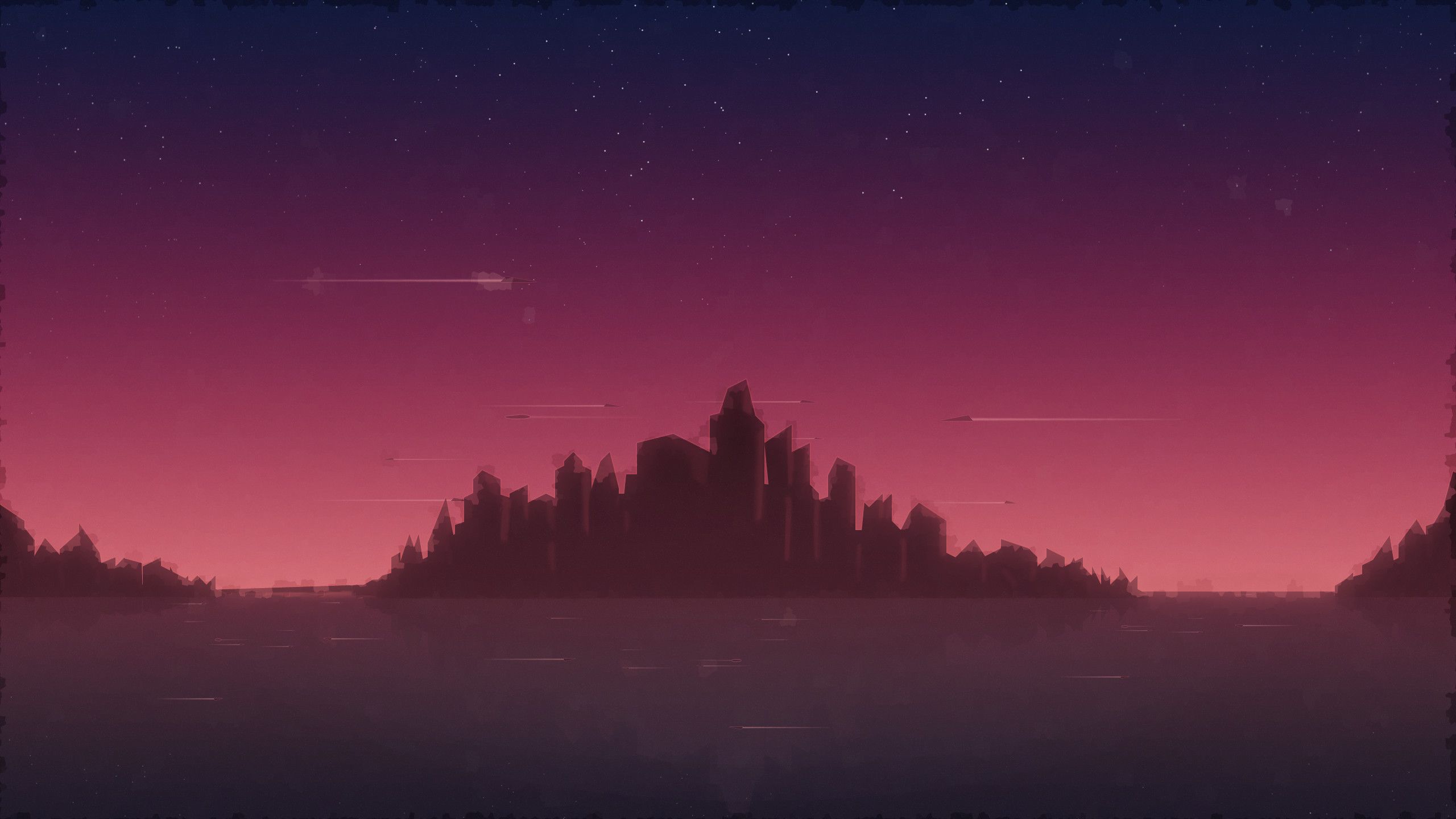 Stadt-Silhouette, Rot, Dunst, Minimalistisch, 2K, Hintergrund für den Desktop