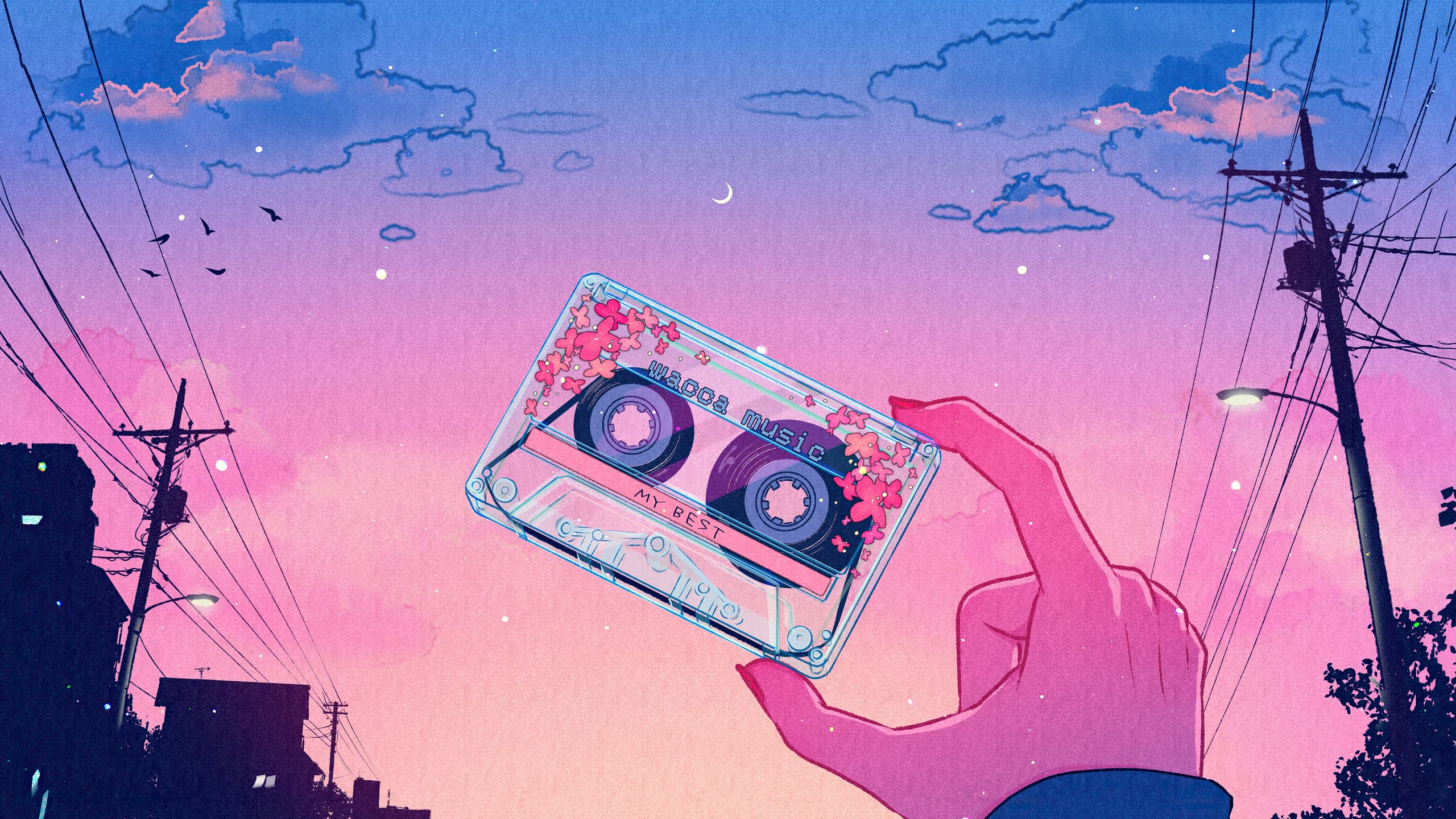 Kassette, Hand, Stromleitungen, Rosa Himmel, Anime-Stil, Retro, 2K, PC-Hintergrundbild