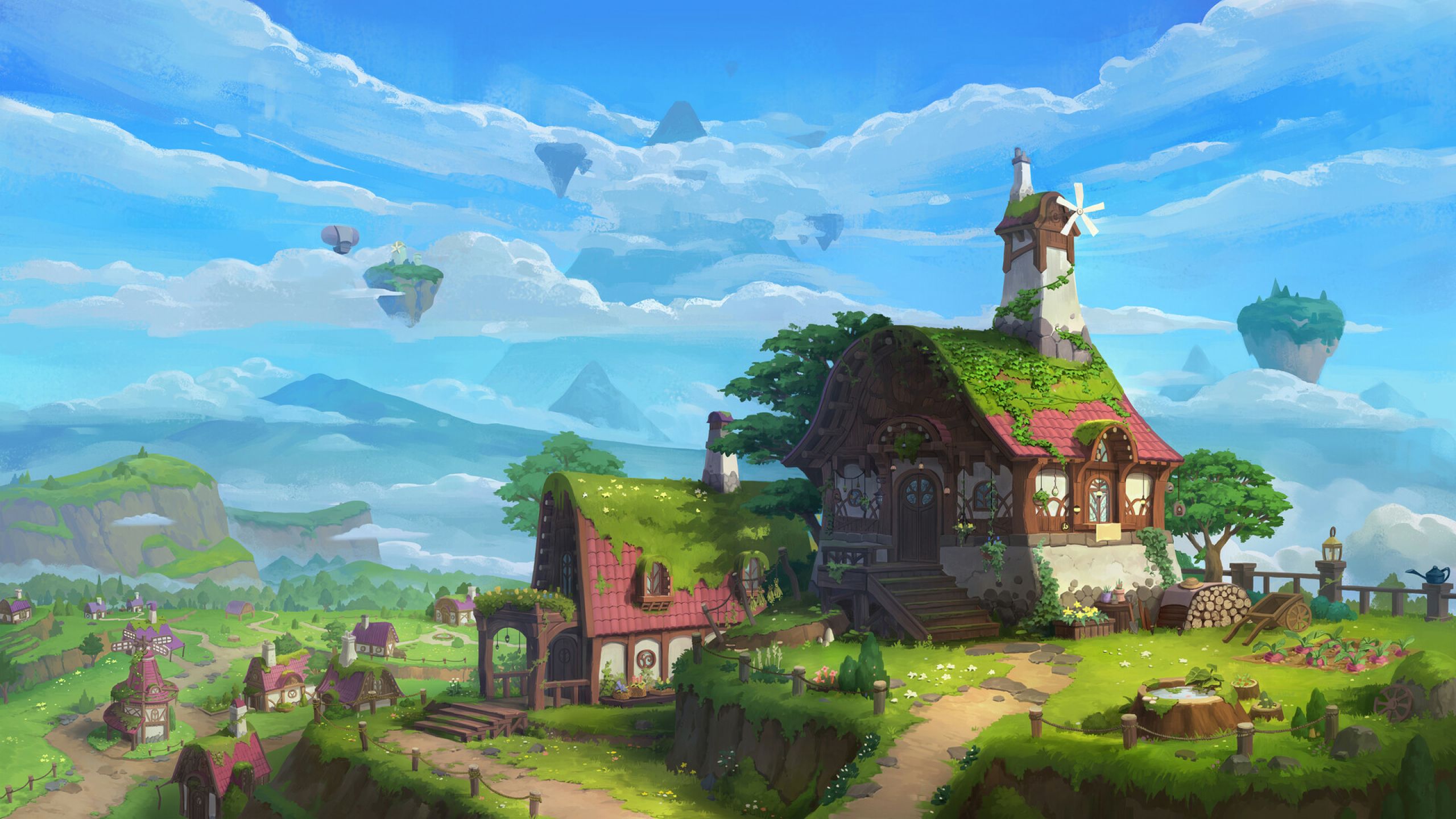 Haus, Fantasy, Schwebende Inseln, Wiese, Illustration, 2K 1440p, Desktop-Hintergrundbild