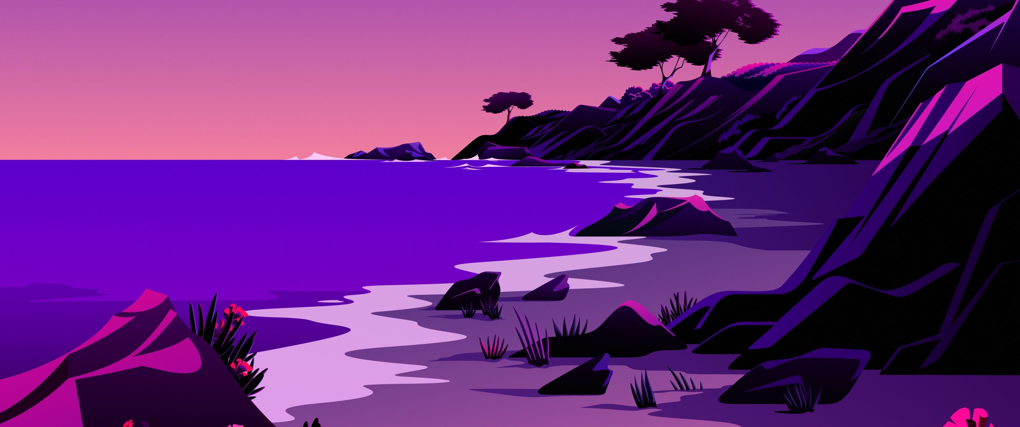 Küste, Meer, Felsen, Lila, Low-Poly, 21:9, 2K-Hintergrundbild für den Desktop