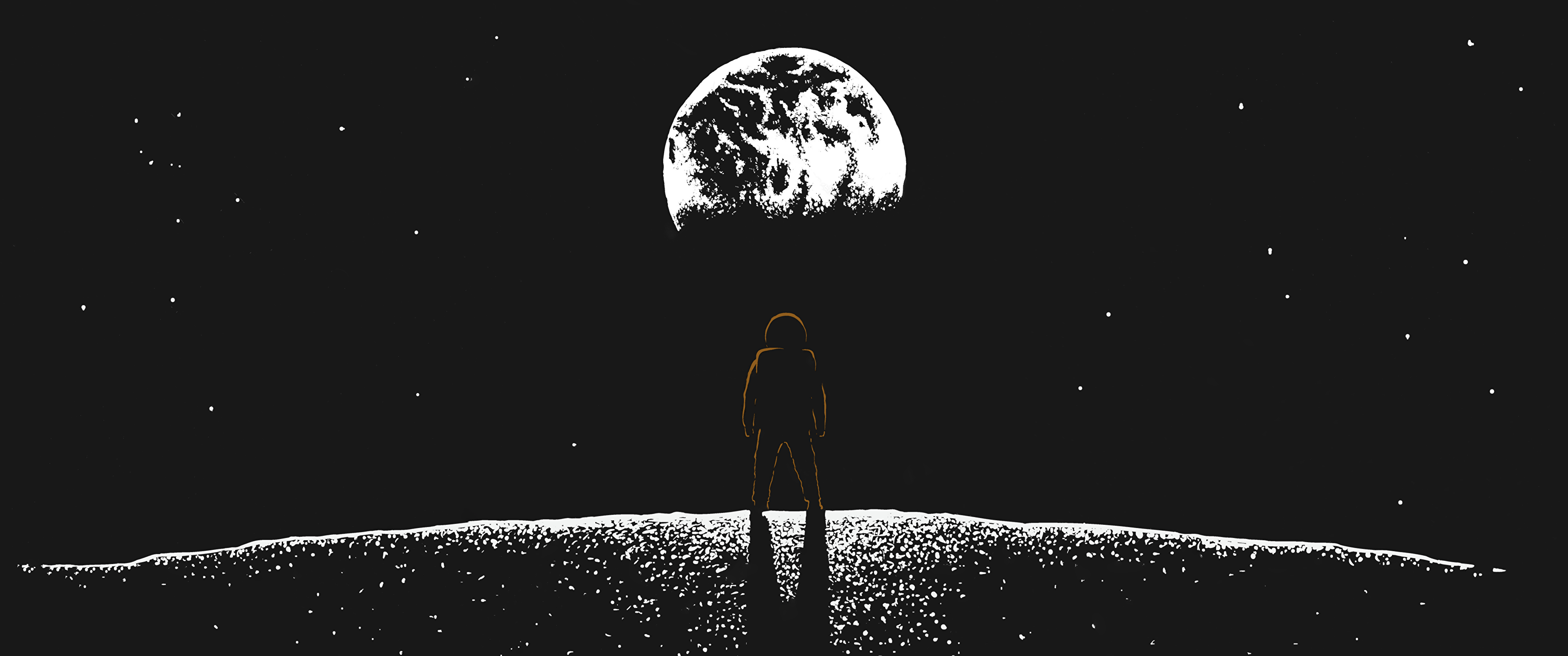 Astronaut, Erde, Mond, Sterne, Schwarz-Weiß, 2K, Hintergrundbild für den PC