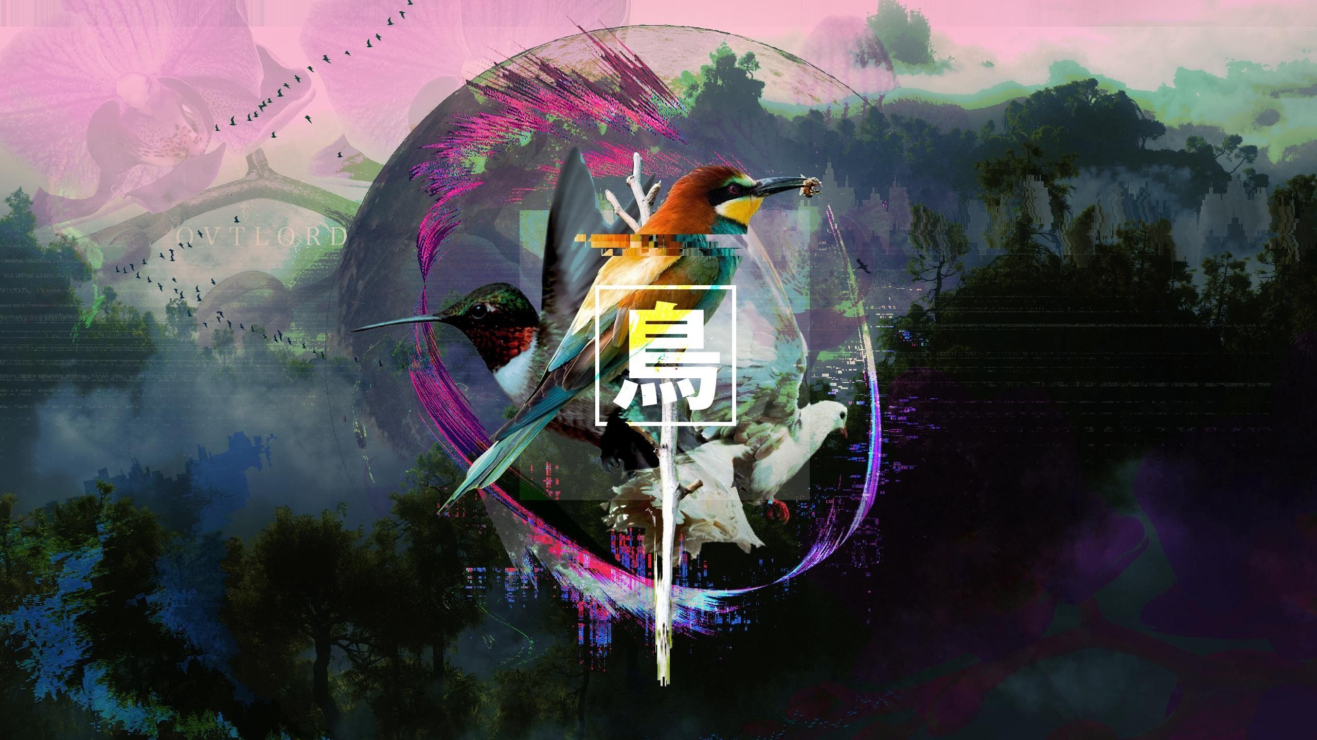 Vogel, Kolibri, Wald, Japanische Schrift, Digitale Kunst, 2K, Desktop-Hintergrund