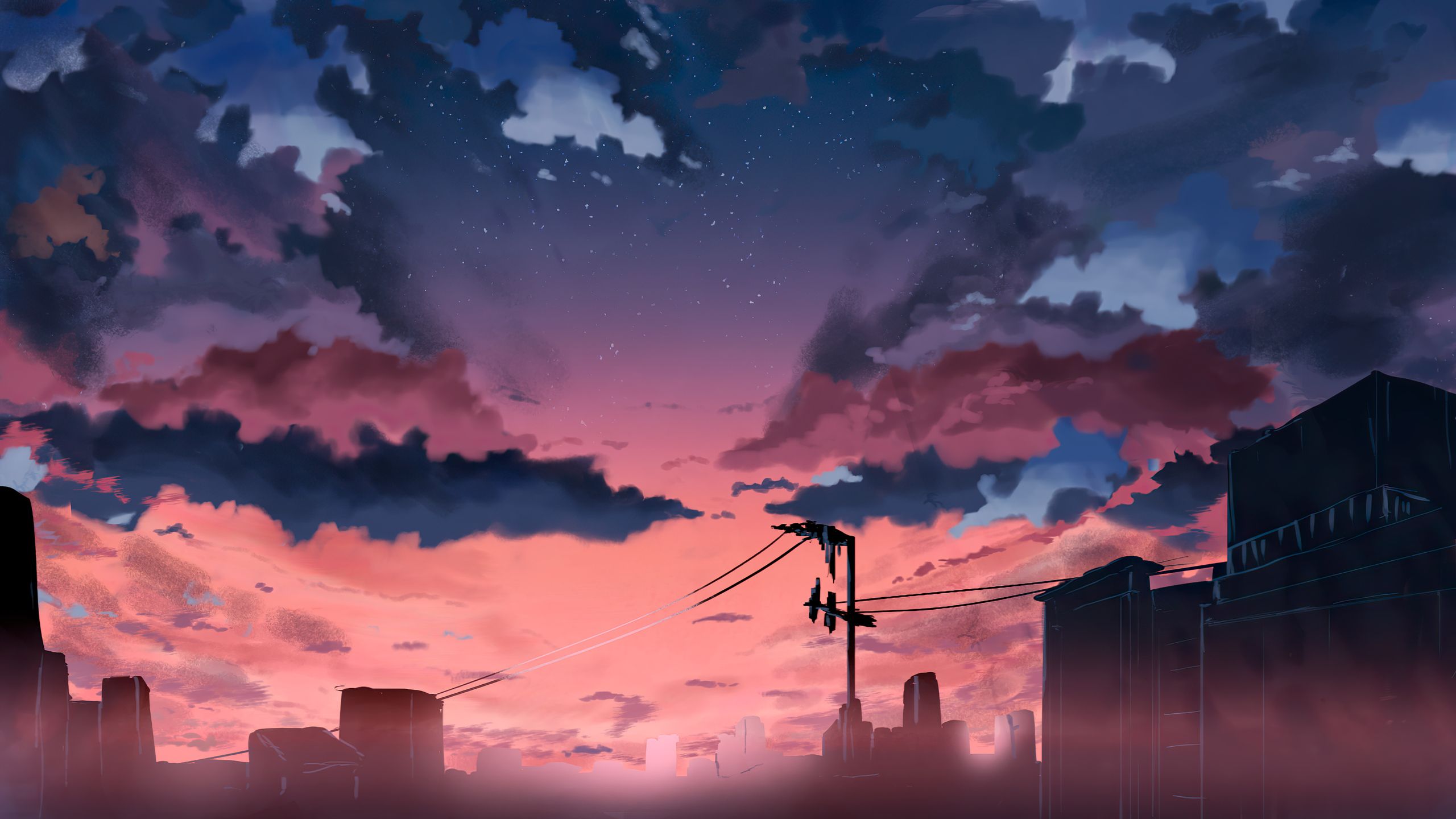 Wolken, Stadt, Strommast, Abenddämmerung, Anime-Stil, 16:9, 2K-Hintergrundbild für den Desktop