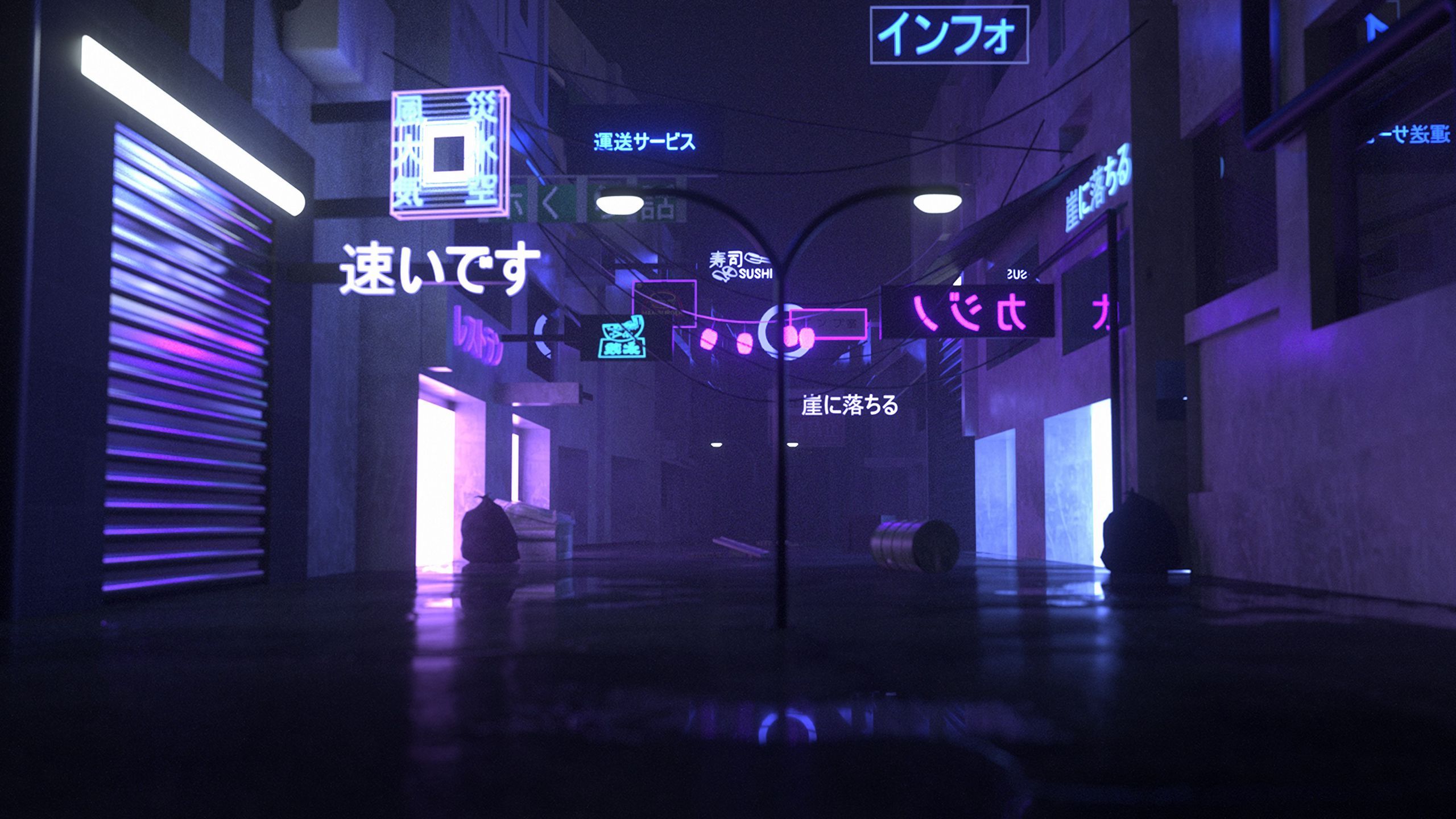 Gasse, Neonschilder, Japanische Schrift, Nacht, Cyberpunk, 2K-Hintergrundbild für PC