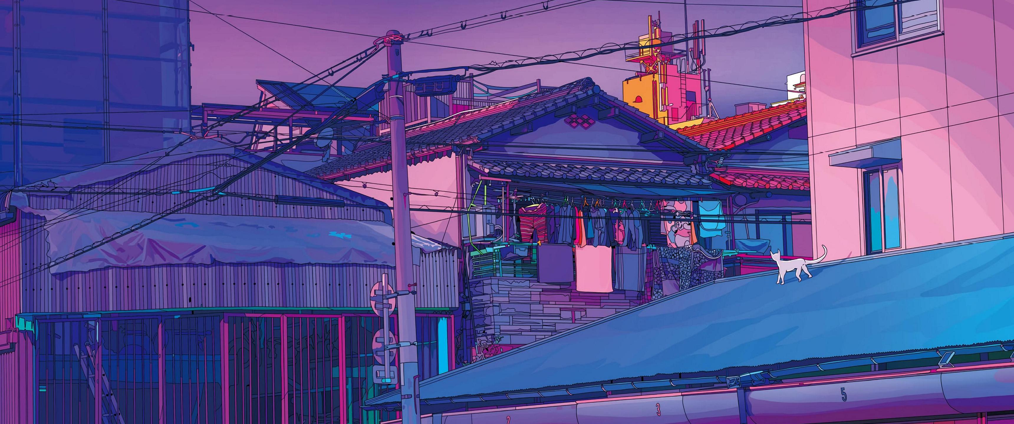 Häuser, Japan, Dächer, Stromleitungen, Anime-Stil, 2K, Hintergrundbild für den PC