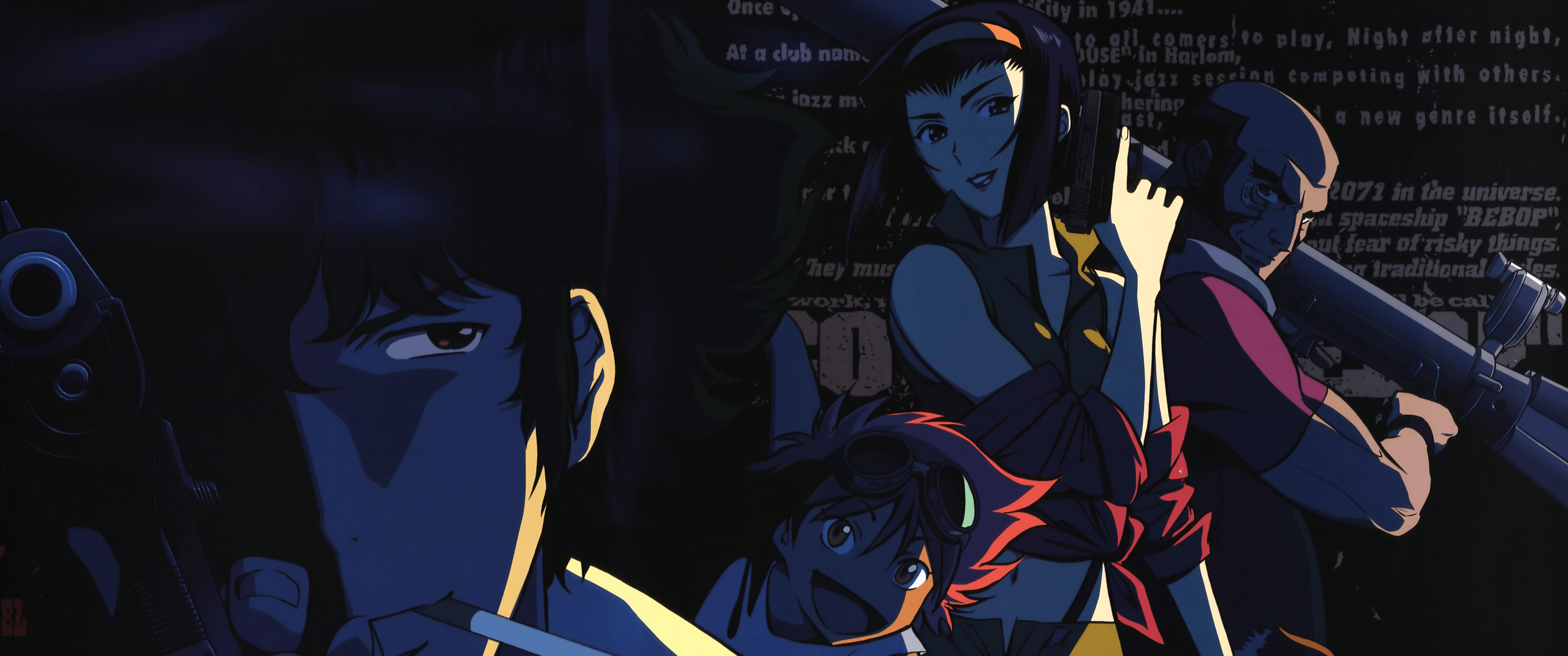 Cowboy Bebop, Spike Spiegel, Faye Valentine, Jet Black, Anime, Dunkel, 2K, Laptop-Hintergrundbild