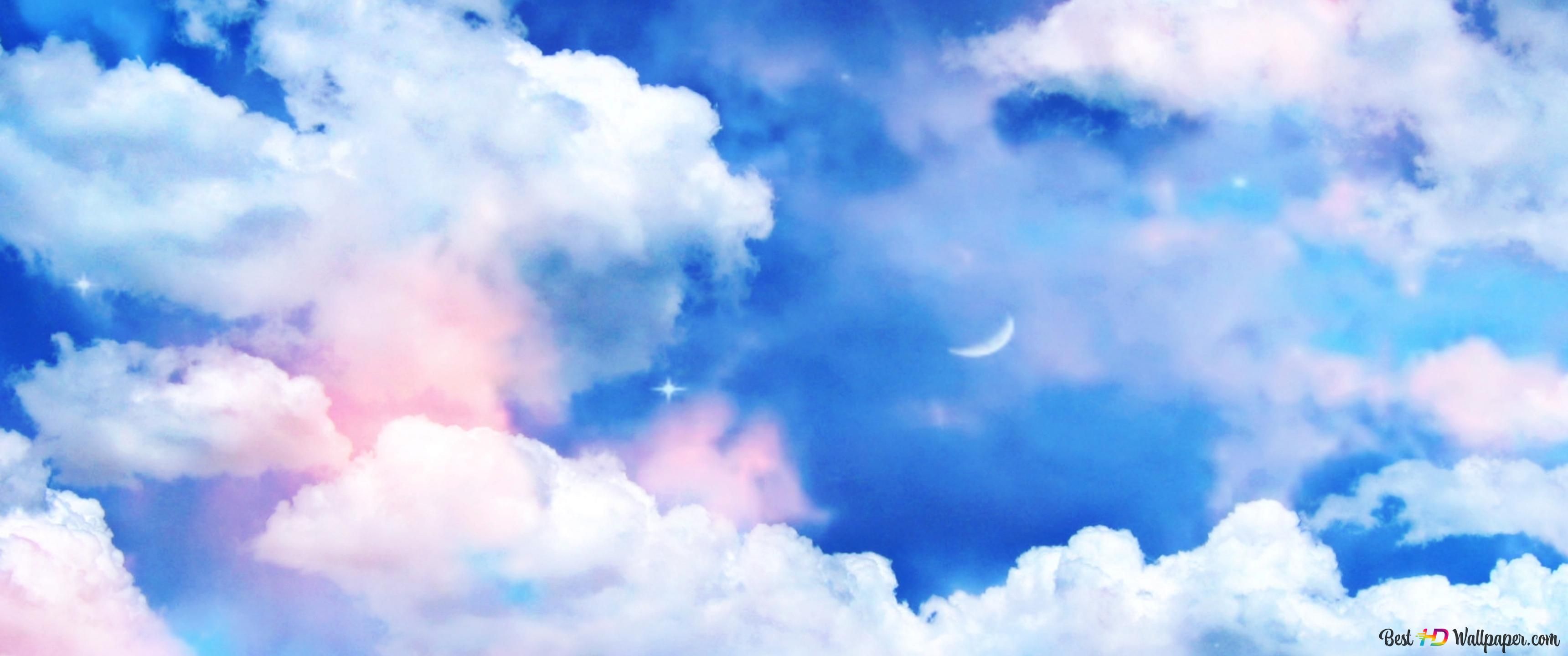 Wolken, Blauer Himmel, Mondsichel, Rosa Wolken, 2K, Hintergrundbild für den PC