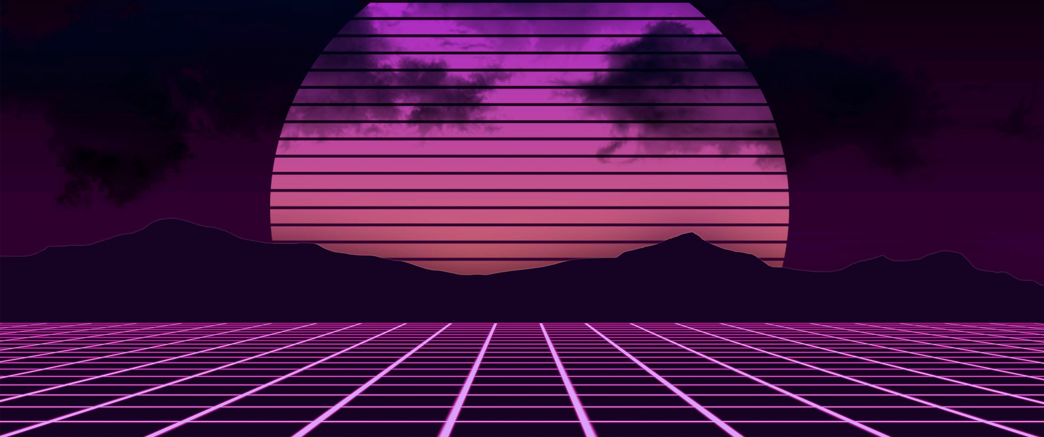 Synthwave, Sonne, Gitter, Magenta, Retro, 21:9, 2K-Hintergrundbild für den Desktop