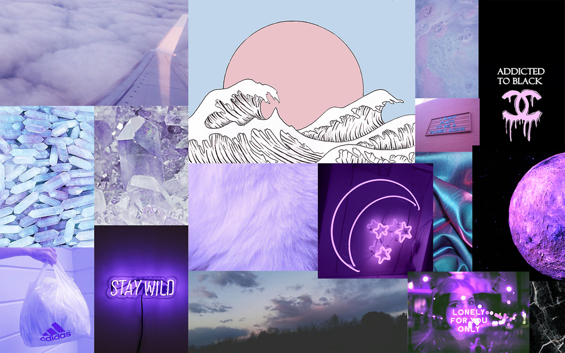 Collage, Lila, Chanel, Welle, Mond, Ästhetik, 16:10, Full-HD-Hintergrundbild für den Desktop