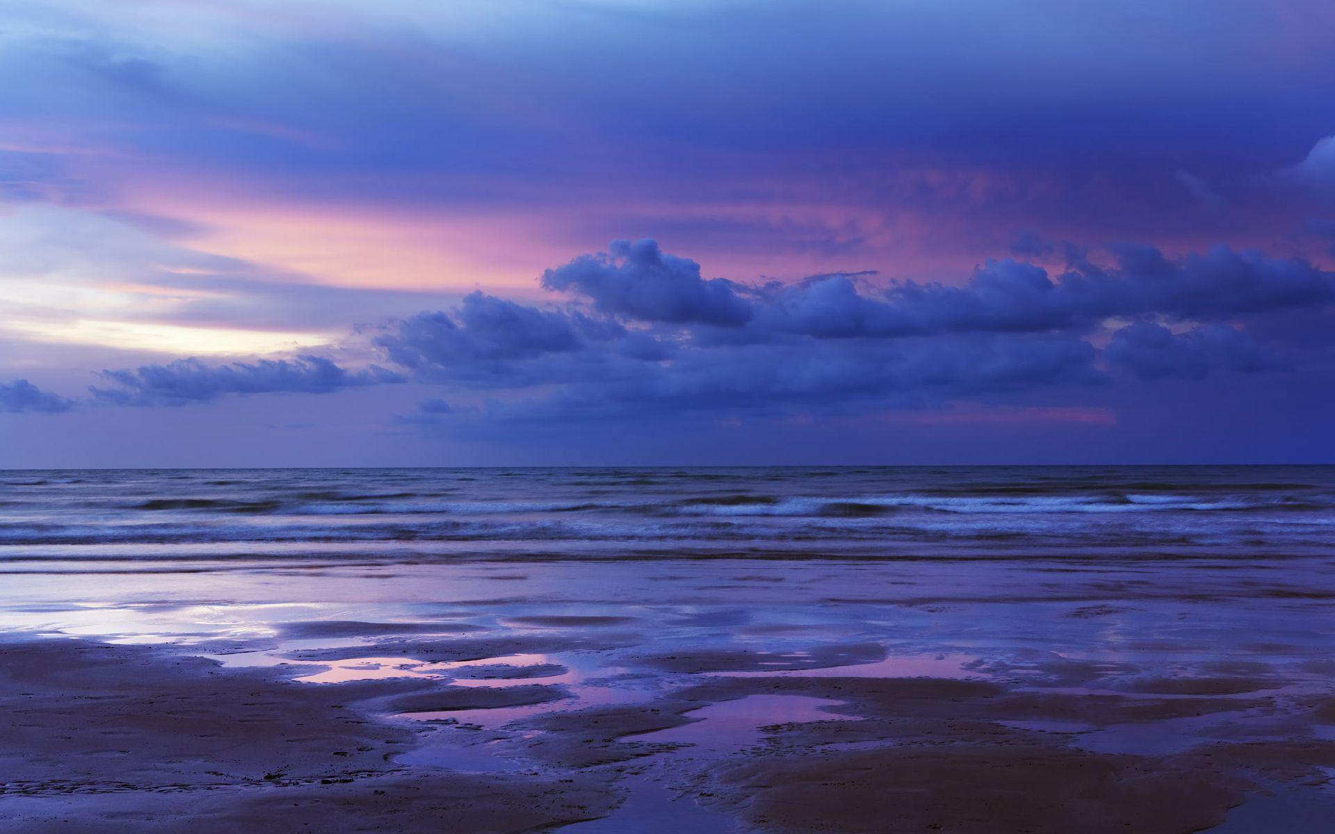 Strand, Meer, Wolken, Abenddämmerung, Lila Himmel, 16:10, Full-HD-Hintergrundbild für den Desktop