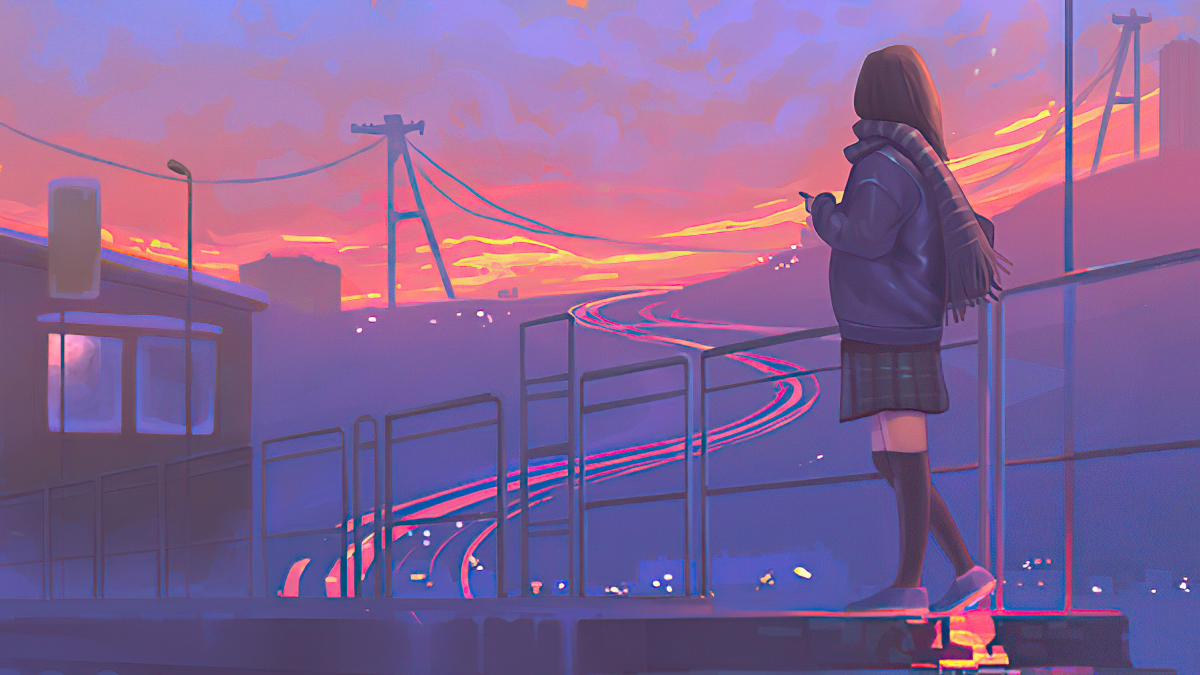 Anime-Mädchen, Schuluniform, Bahnsteig, Abenddämmerung, Strommasten, Stadtlandschaft, 4K-Hintergrund