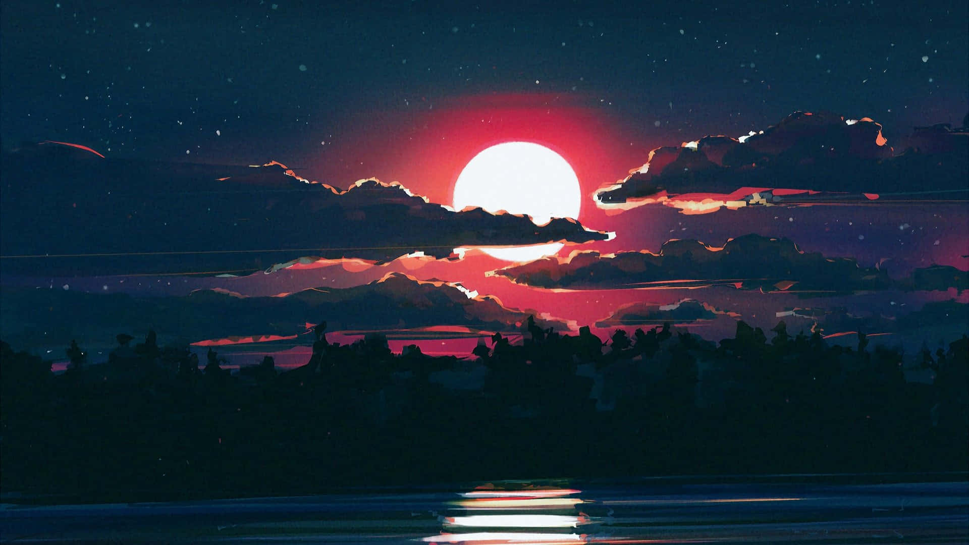 Sonnenuntergang, Rote Sonne, Wolken, See, Silhouette, 1920x1080, Full-HD-Hintergrundbild für PC