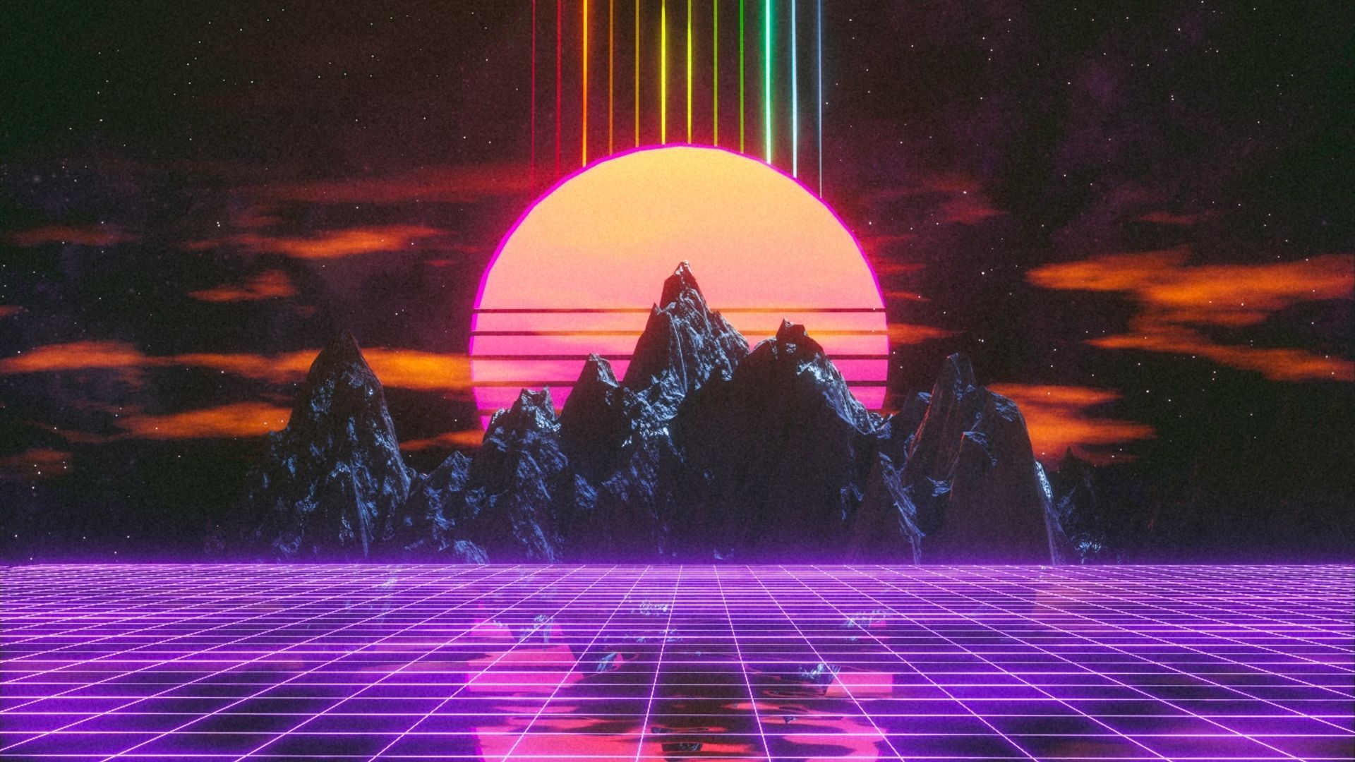 Synthwave, Sonne, Berge, Neongitter, Retrowave, 16:9, Full-HD-Hintergrundbild für den Desktop