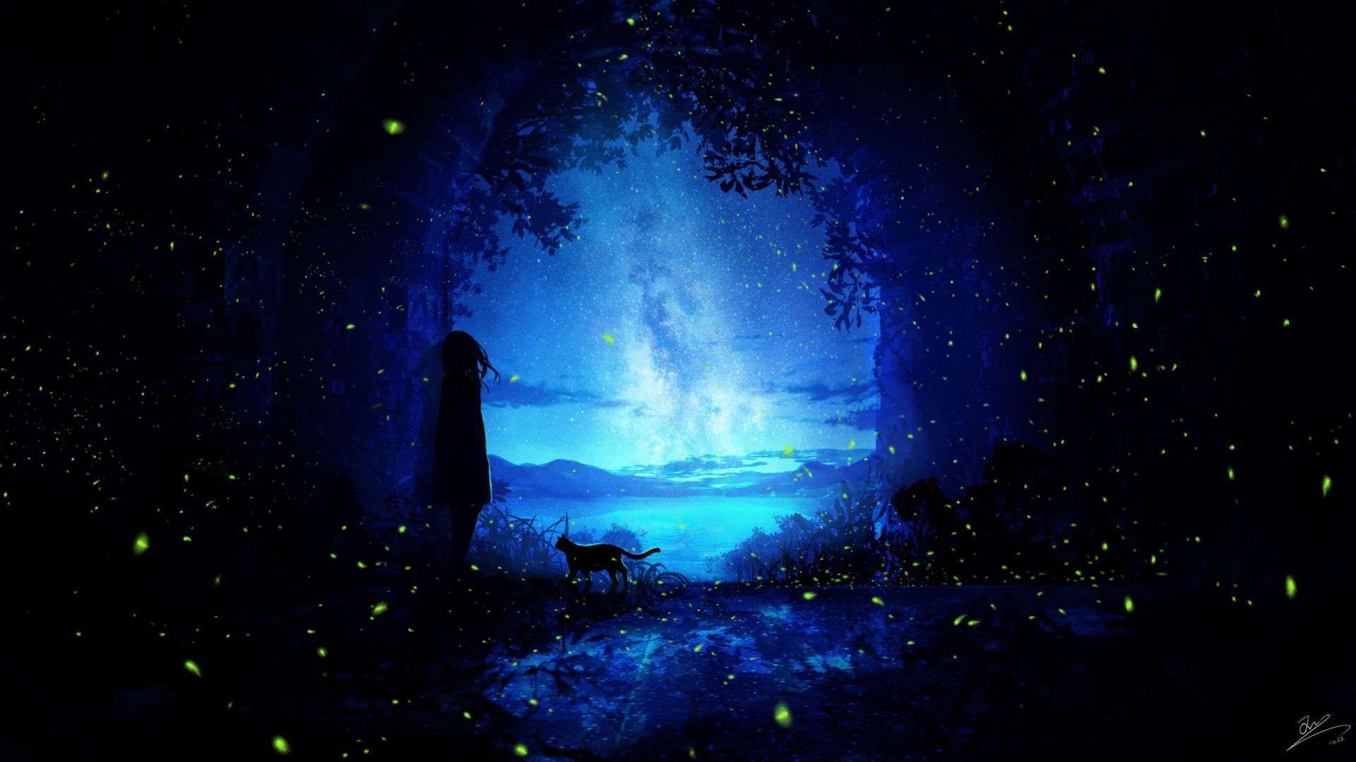 Sternenhimmel, Milchstraße, Silhouette, Glühwürmchen, Blau, Fantasy, Full HD, Breitbild-Hintergrundbild