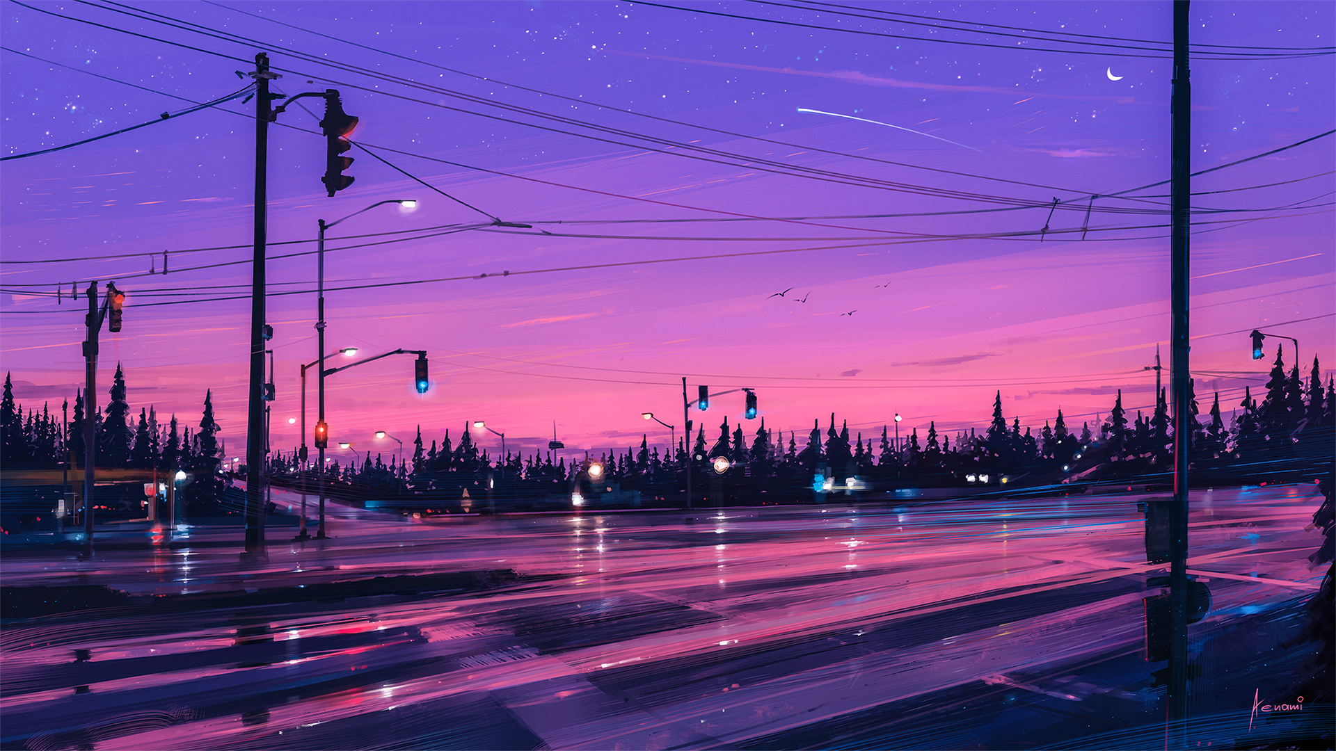 Straße, Ampel, Stromleitungen, Lila Himmel, Abenddämmerung, 1920x1080, Desktop-Hintergrund