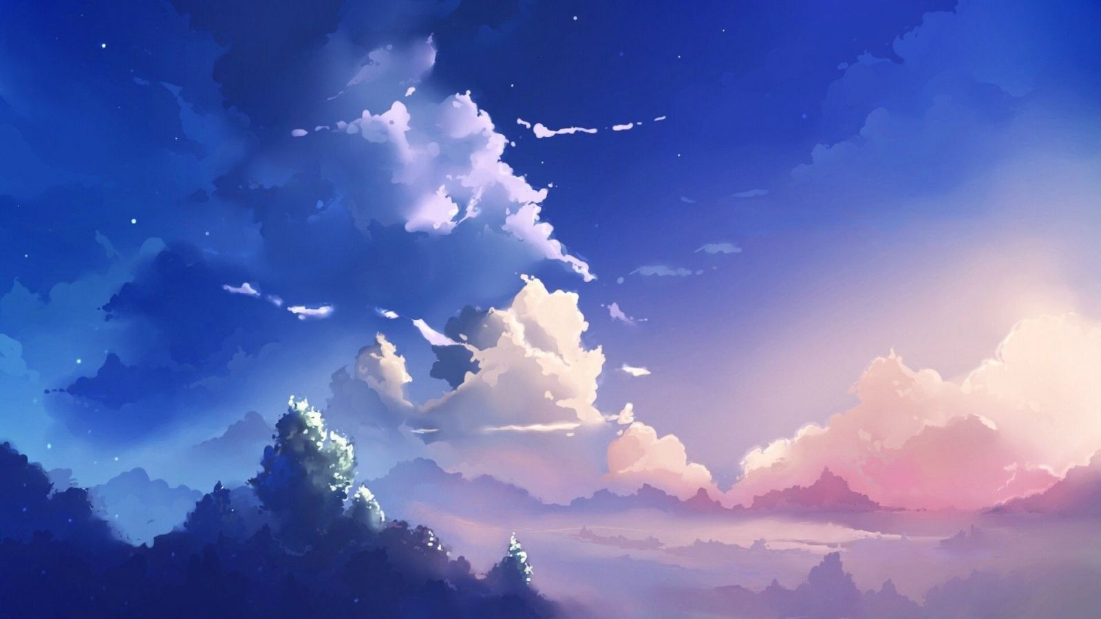 Wolken, Blauer Himmel, Bäume, Anime-Stil, Sommer, HD, Hintergrundbild für den PC