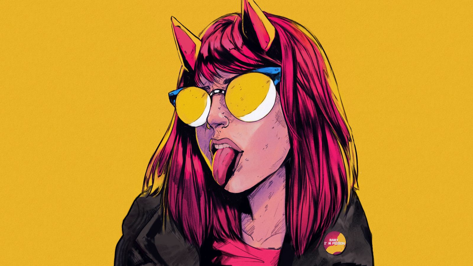 Mädchen, Teufelshörner, Sonnenbrille, Zunge, Illustration, Gelber Hintergrund, HD Wallpaper