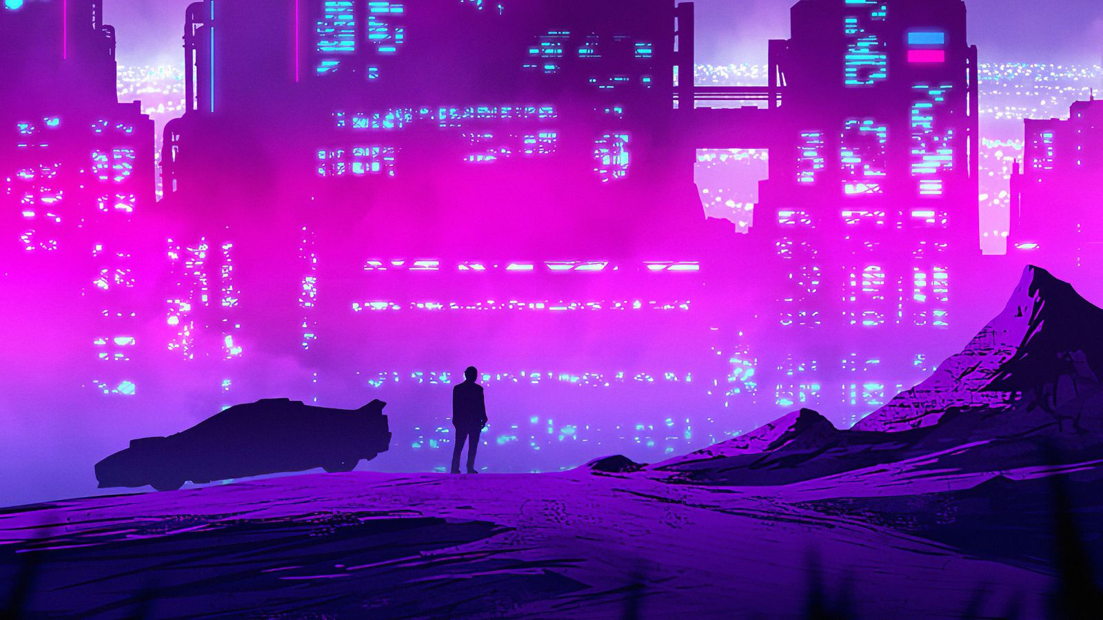 Cyberpunk, Stadt, Auto, Silhouette, Pink, Neon, HD, Hintergrund für den Desktop