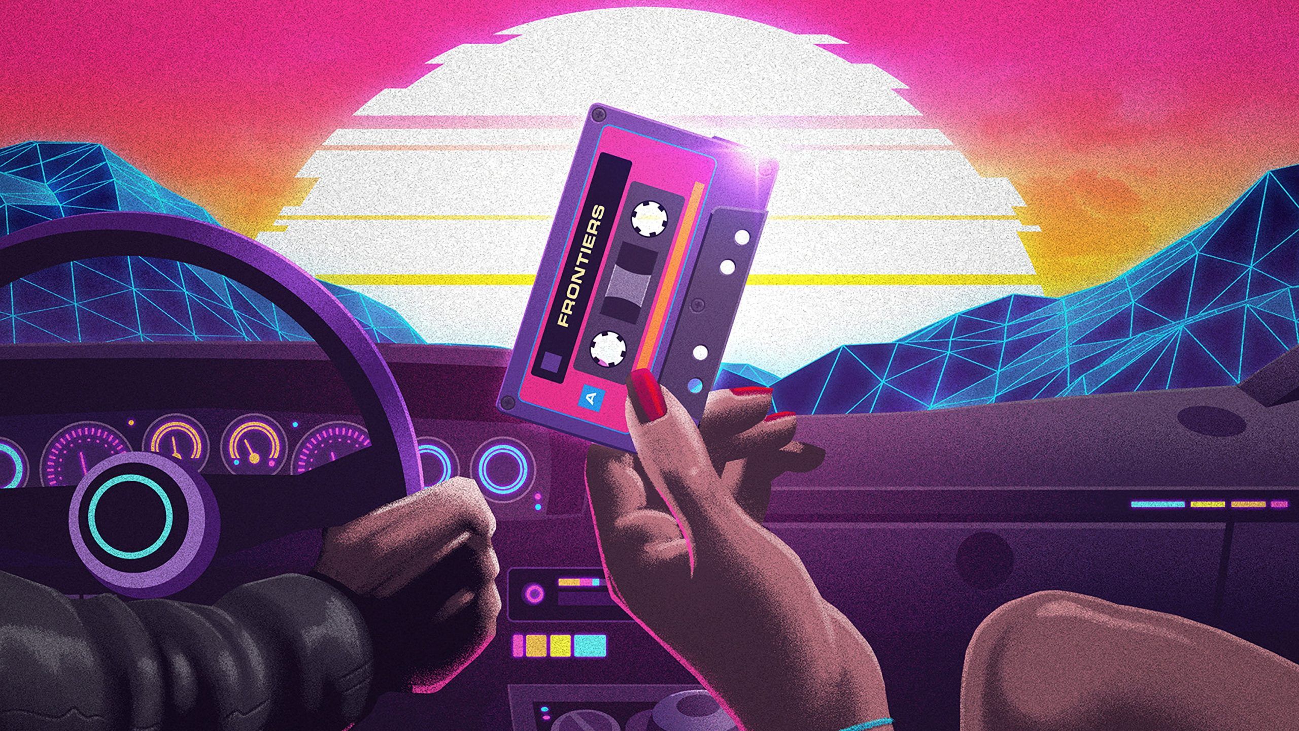 Kassette, Auto-Cockpit, Hände, Synthwave, Sonne, Retro, 2K, Desktop-Hintergrund für Windows