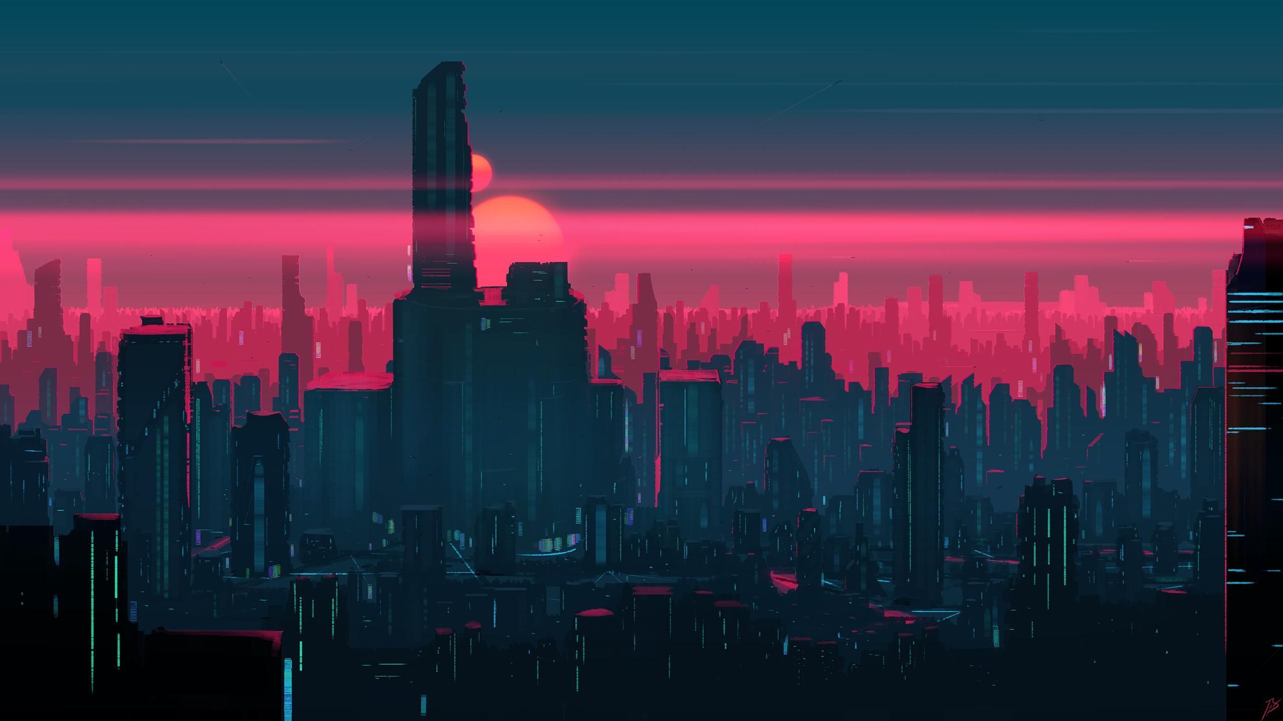 Skyline, Sonnenuntergang, Wolkenkratzer, Pixel-Art, Türkis, 2560x1440, PC-Hintergrundbild