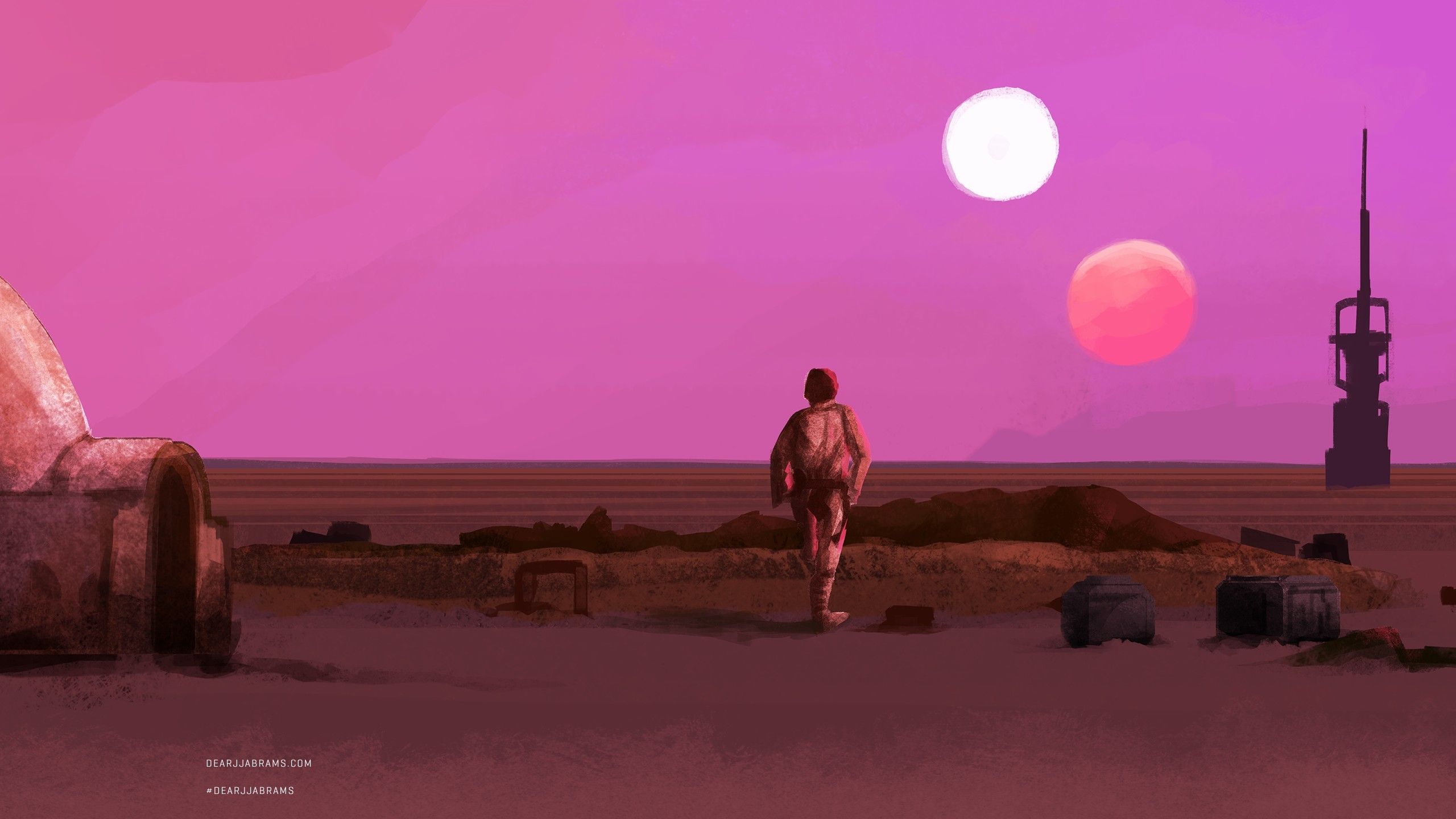 Luke Skywalker, Tatooine, Star Wars, Zwei Sonnen, Wüste, Pink, 2K, PC-Hintergrundbild