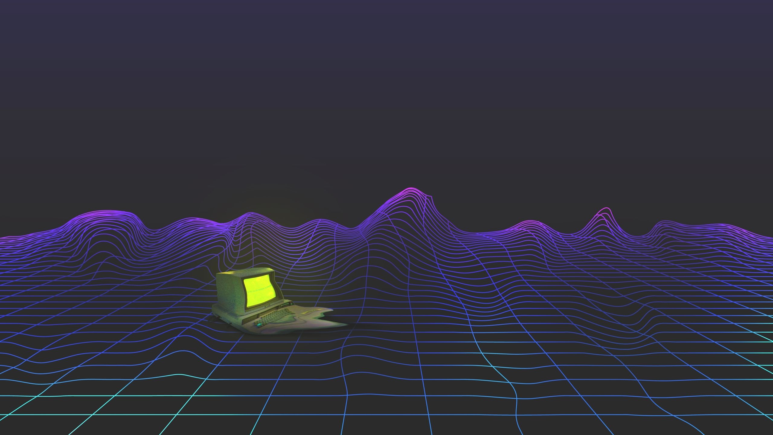 Retro-Computer, Gitterlandschaft, Wireframe, Synthwave, 2K, Hintergrund für den Desktop
