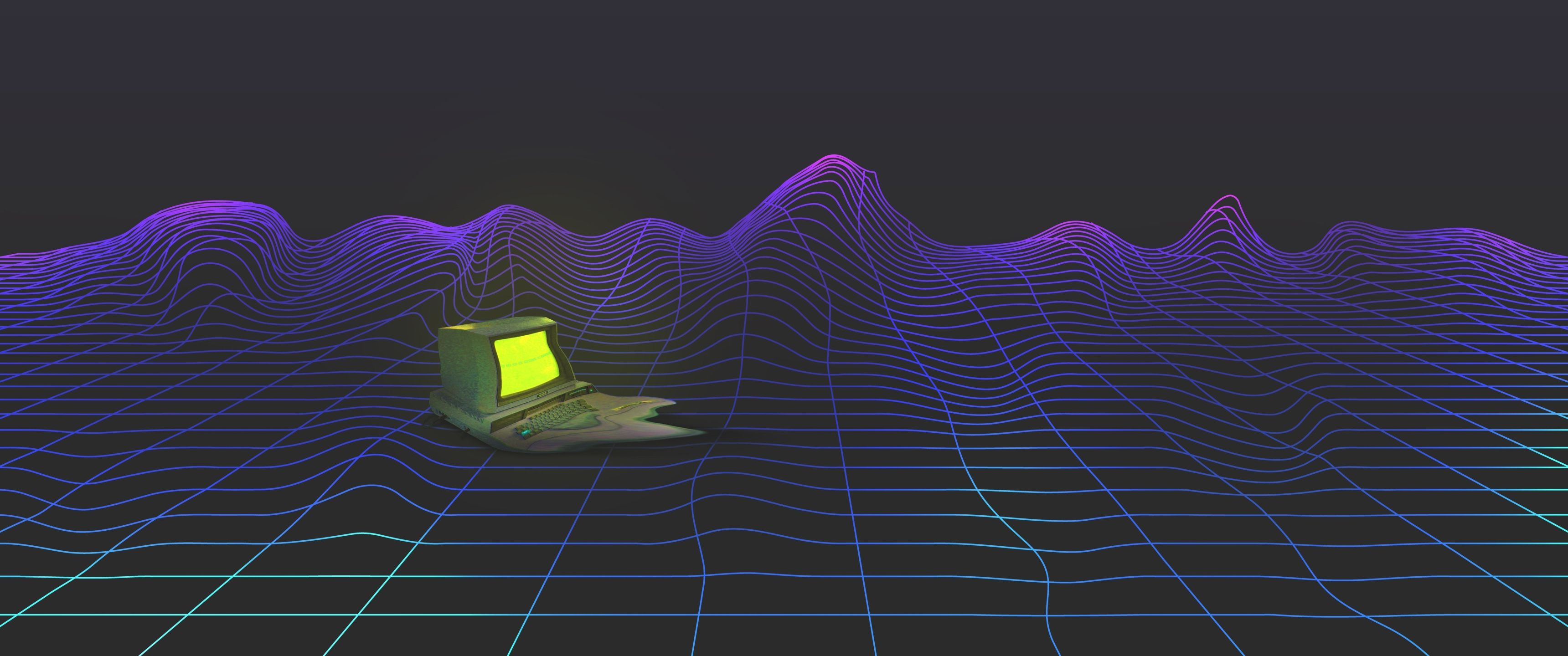 Retro-Computer, Gitterlandschaft, Wireframe, Synthwave, 2K, Hintergrundbild für den PC