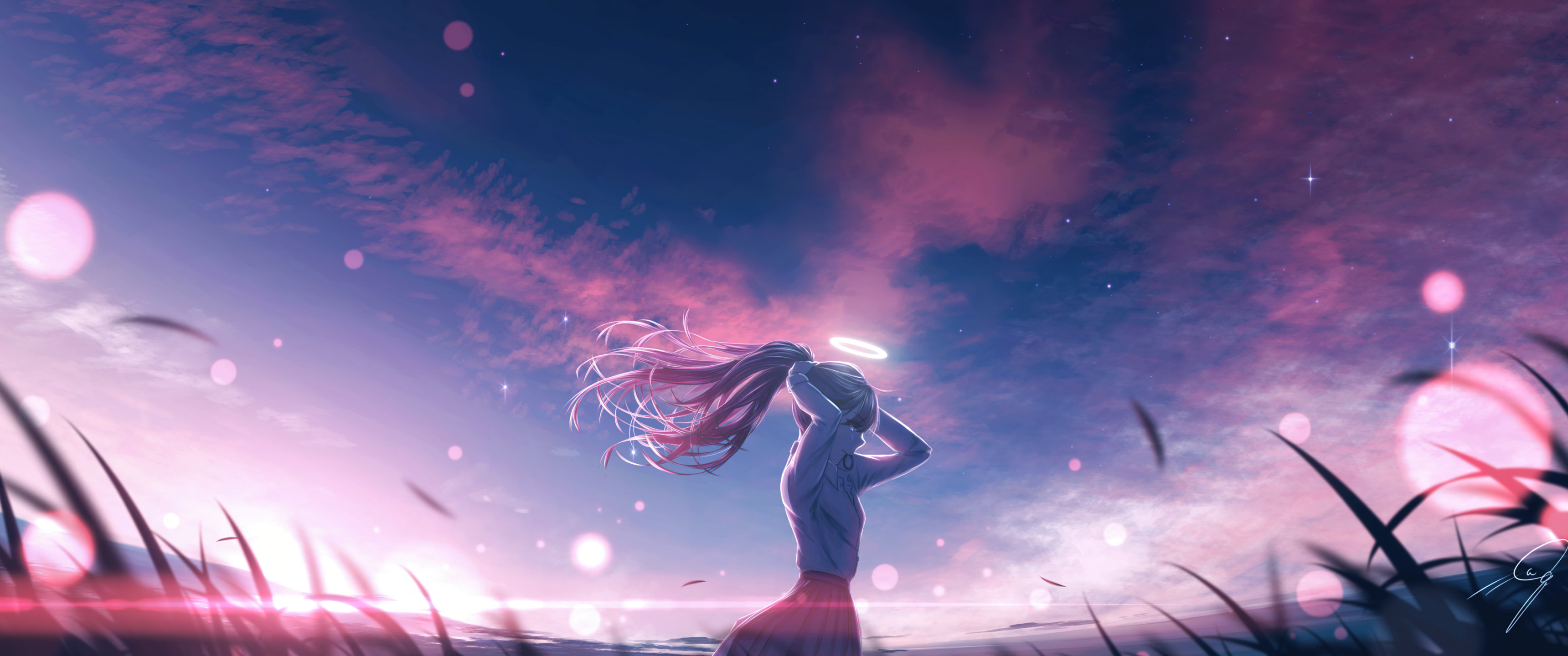 Anime-Mädchen, Wind, Himmel, Rosa, Fantasy, 2K, Hintergrundbild für den PC