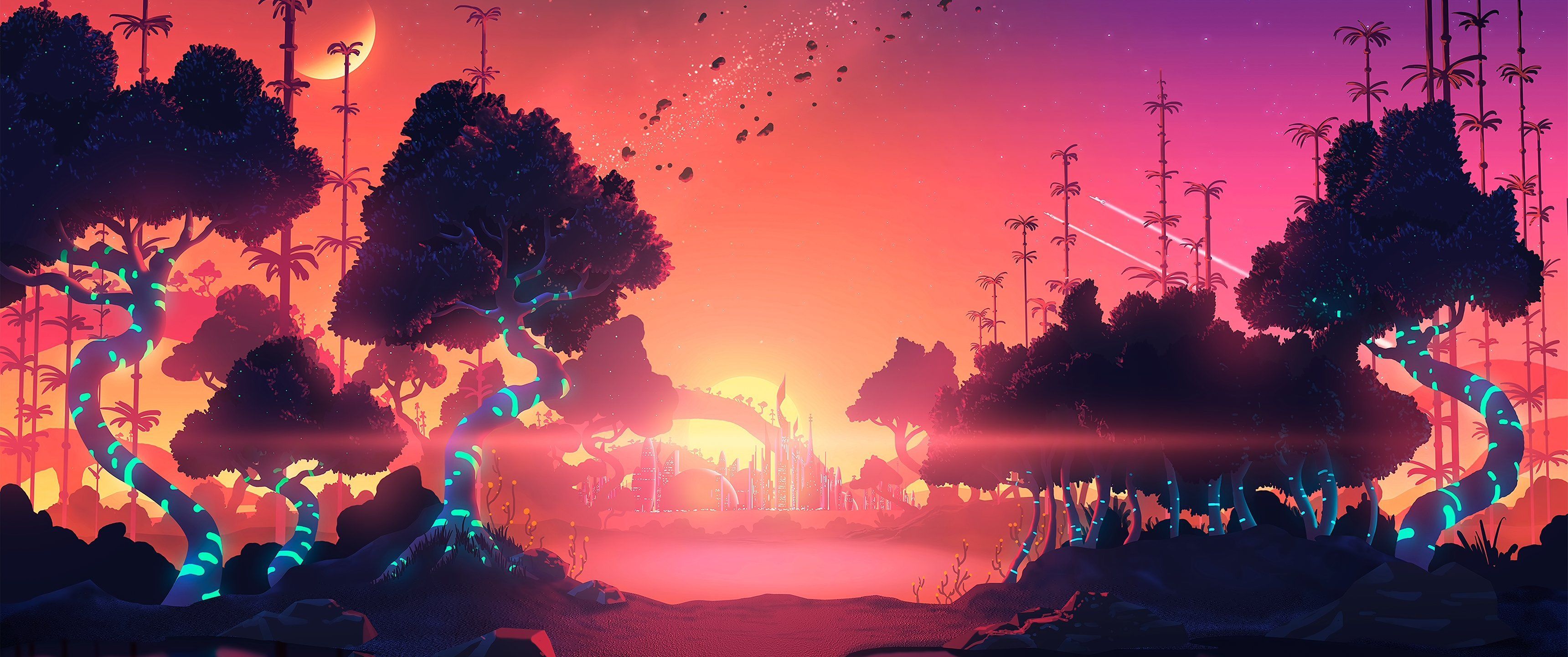 Sonnenuntergang, Bäume, Vögel, Fantasy, Pink, Illustration, 2K, Laptop-Hintergrundbild