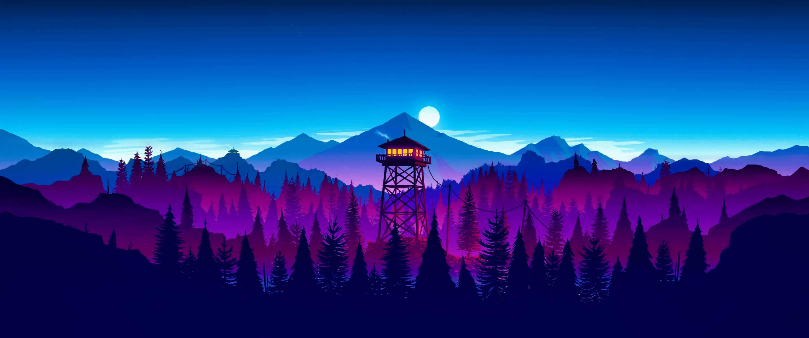 Firewatch, Aussichtsturm, Wald, Berge, Mond, Blau, 2K, Hintergrundbild für den PC
