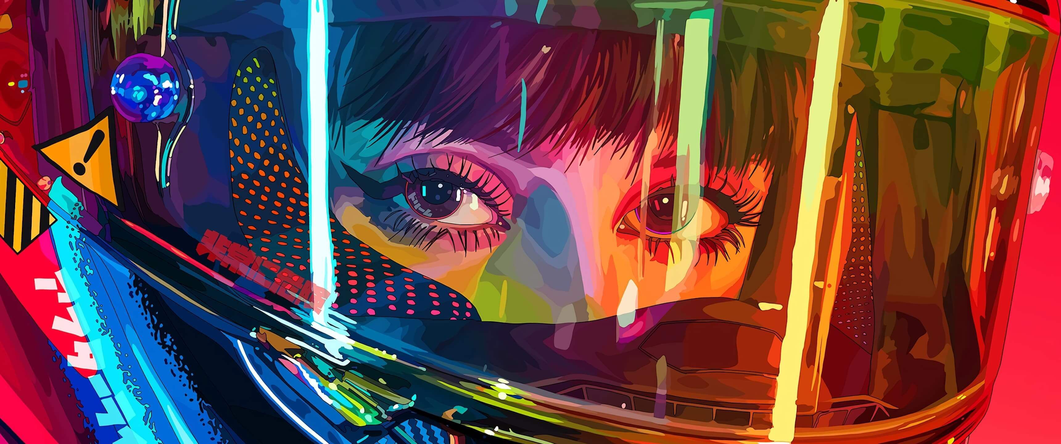 Mädchen, Helm, Augen, Neon, Pop-Art, Bunt, 2K, Hintergrundbild für den PC