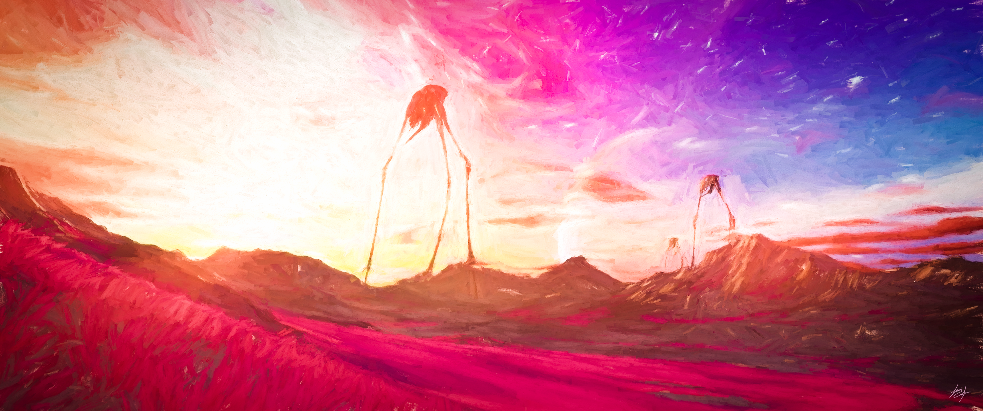 Dreibeiner, Science-Fiction, Rosa Himmel, Landschaft, Surreal, 2K-Hintergrundbild für PC