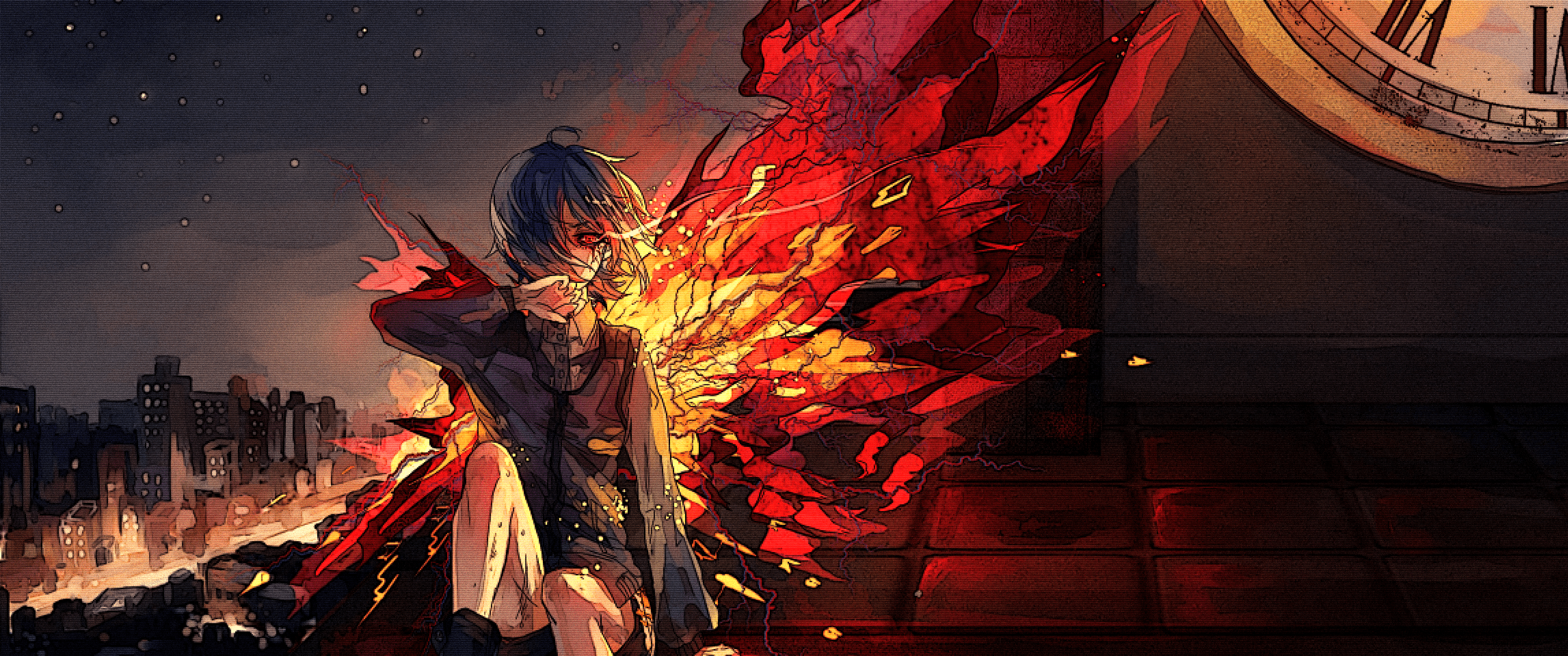 Ken Kaneki, Tokyo Ghoul, Kagune, Anime, Feuer, Uhr, 2K, Hintergrund für den Desktop