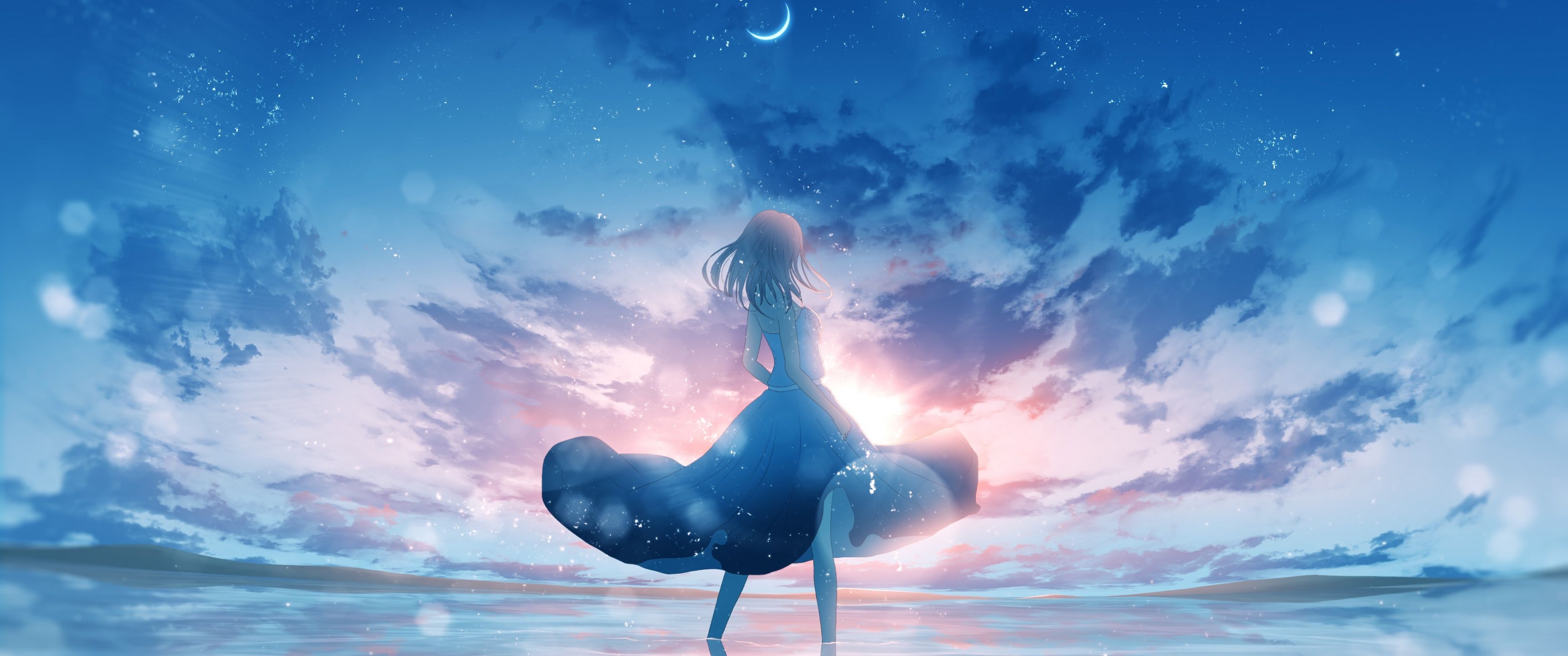 Anime-Mädchen, Kleid, Wolken, Mondsichel, Blau, 21:9, 2K-Hintergrundbild für den Desktop