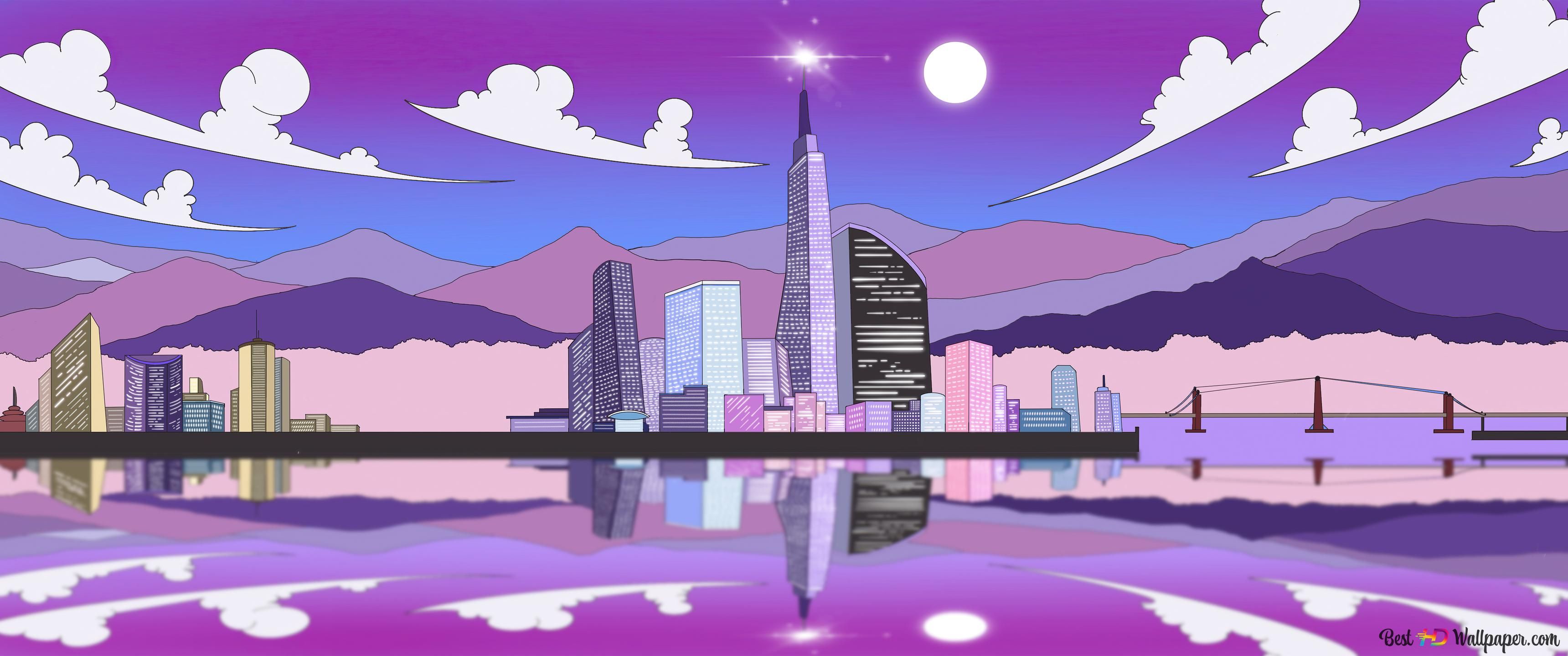 Skyline, Mond, Wolken, Spiegelung, Flachdesign, Lila, 2K, Hintergrundbild für den PC