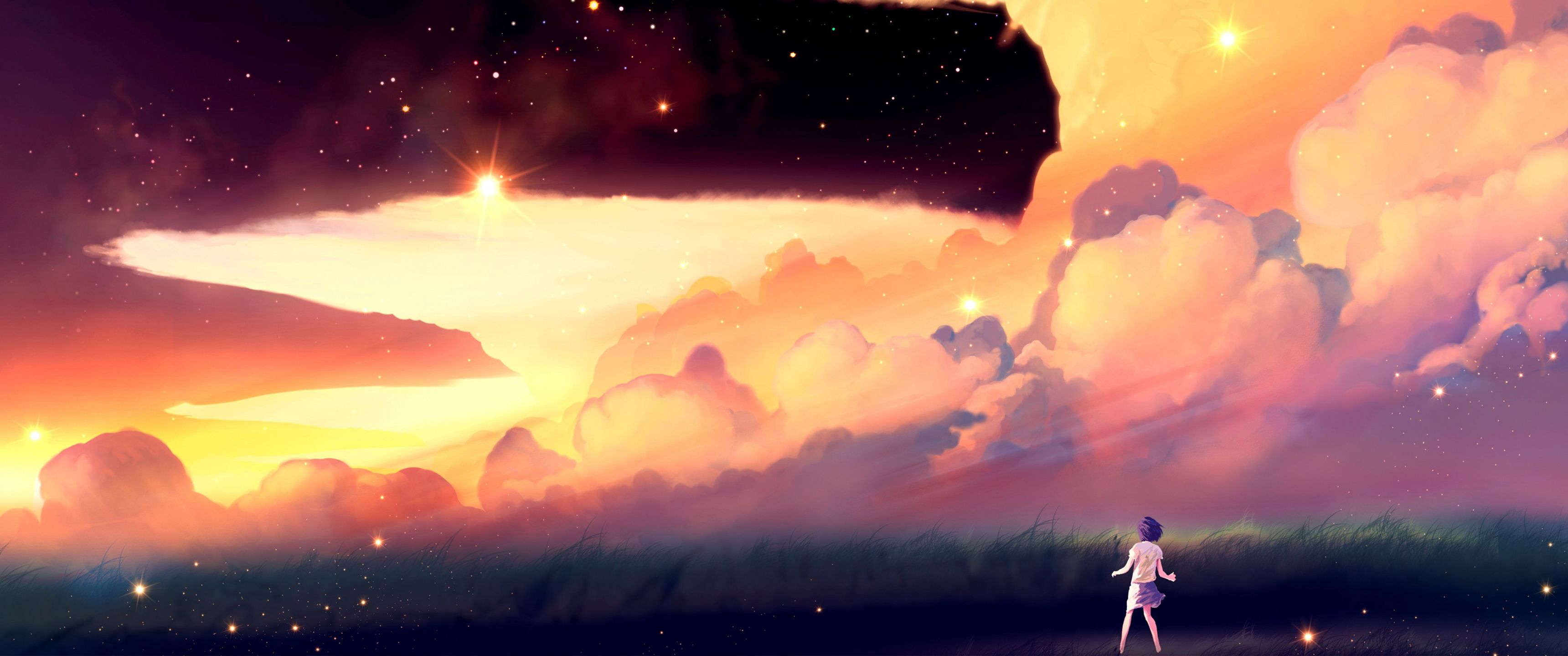 Wolken, Sonnenuntergang, Person, Sternenhimmel, Anime-Stil, 2K, PC-Hintergrundbild