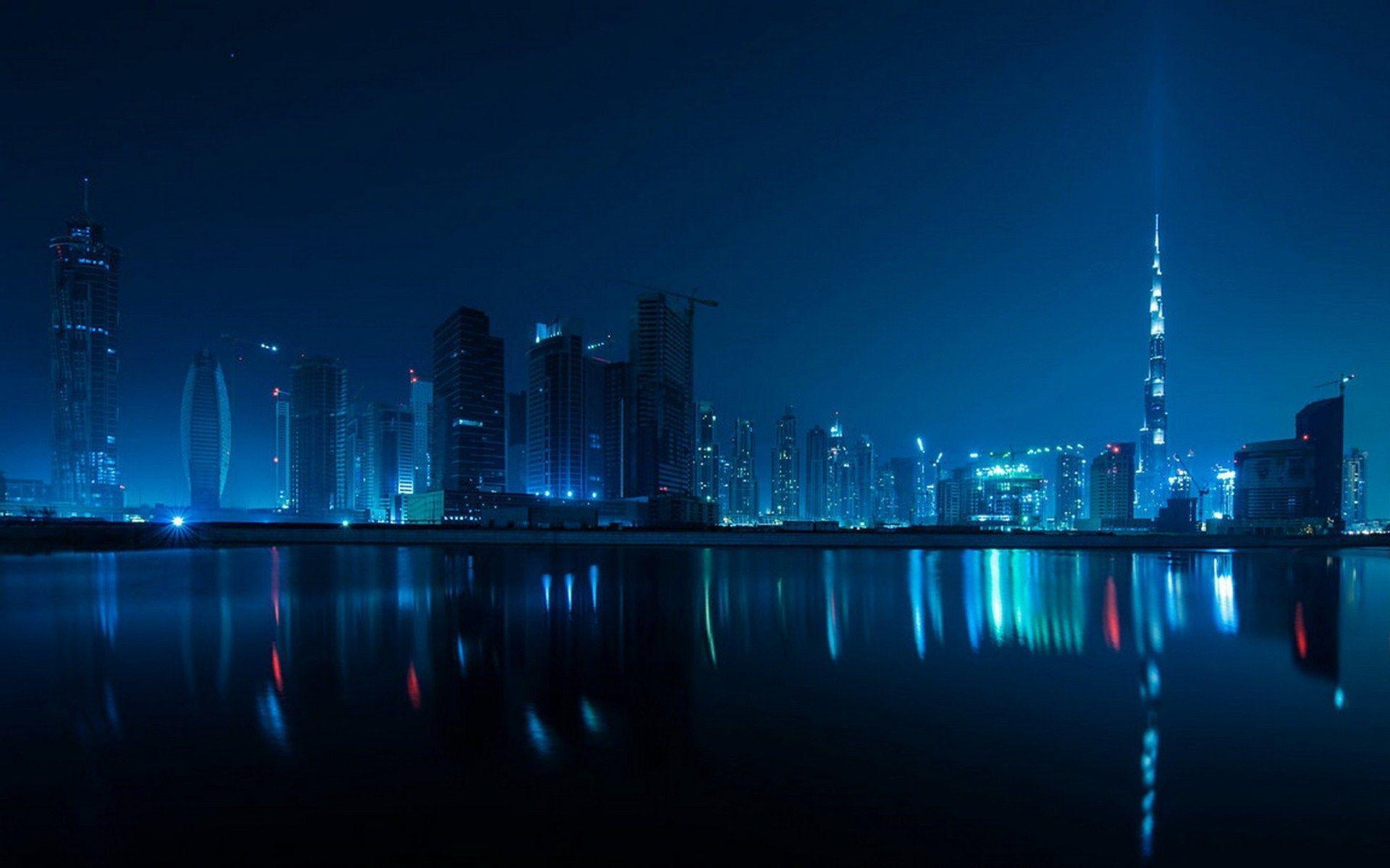 Dubai, Burj Khalifa, Skyline, Nacht, Spiegelung, 16:10, Full-HD-Hintergrundbild für den Desktop