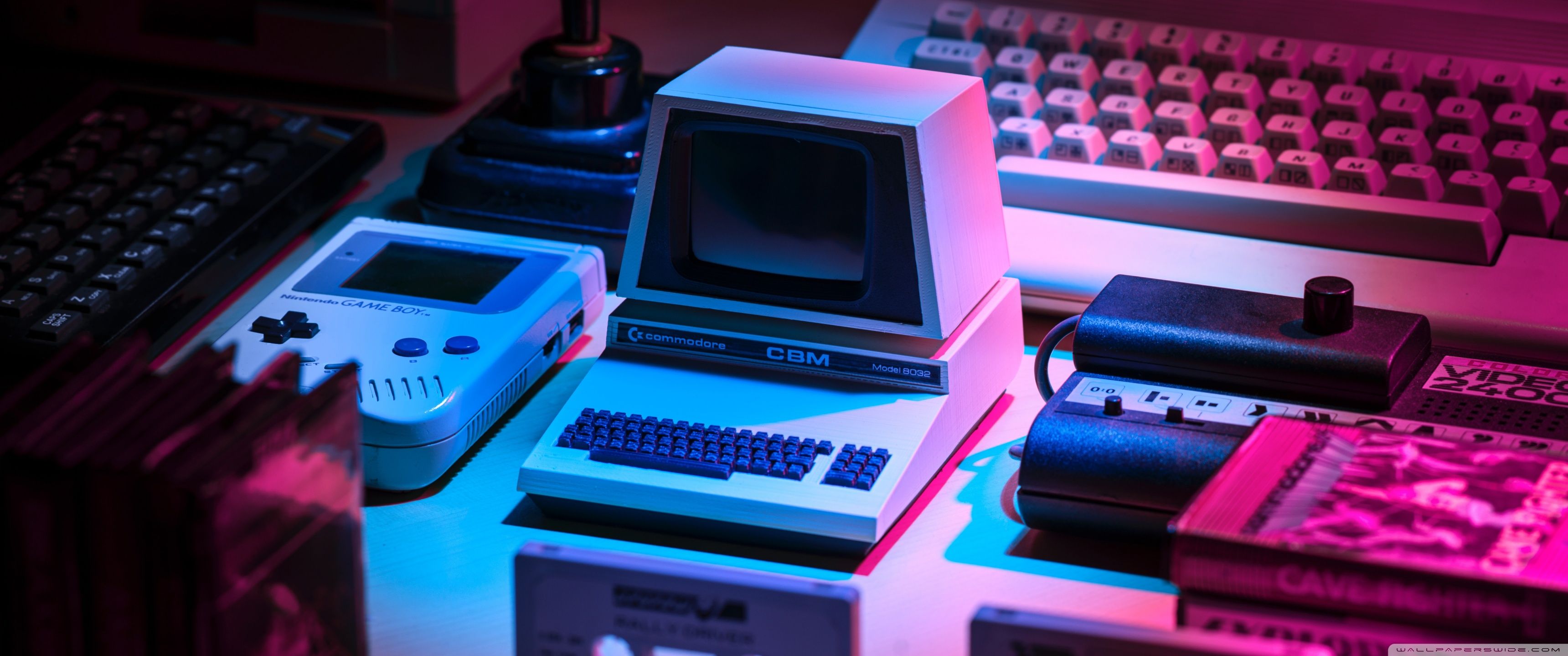 Game Boy, Retro-Computer, Tastatur, Spielkonsolen, Neonlicht, 2K-Hintergrundbild für PC