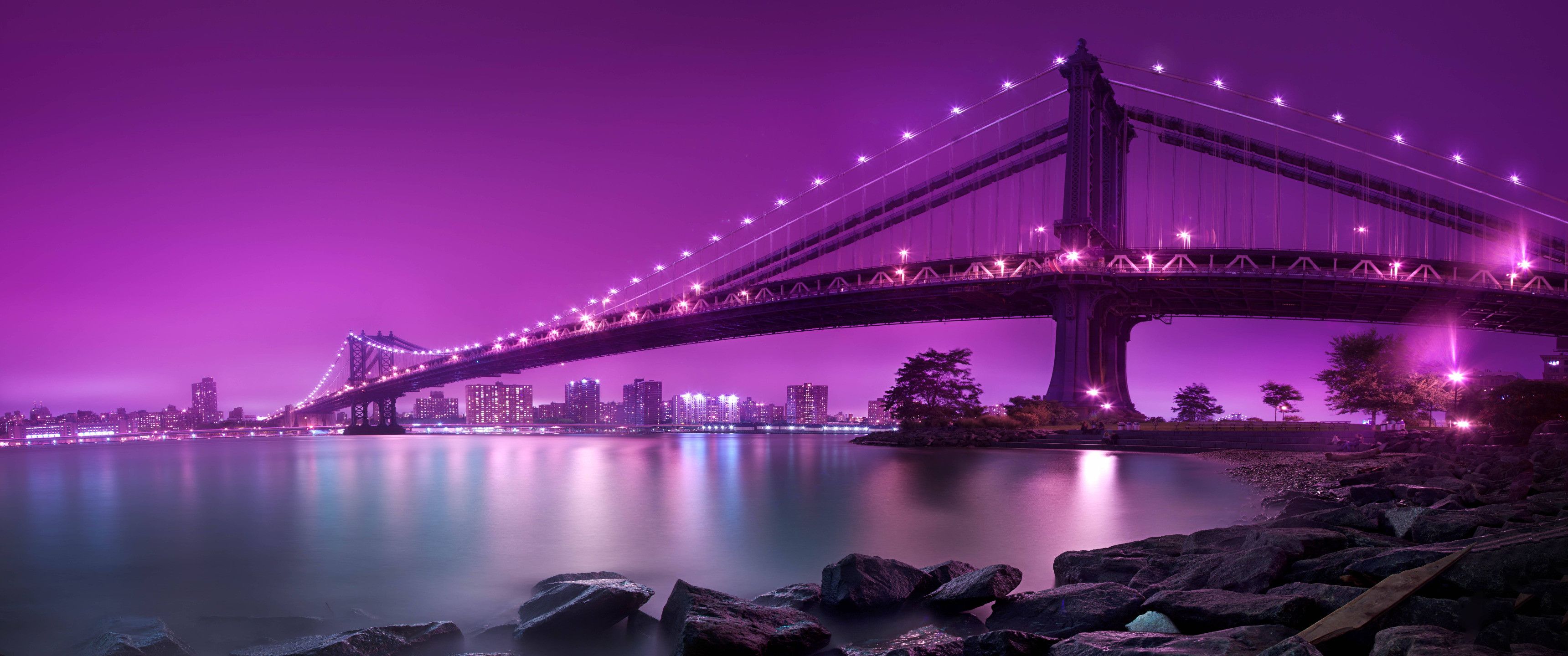 Brücke, Nacht, Lila, Stadt, Lichter, Spiegelung, 2K, Desktop-Hintergrund für Windows