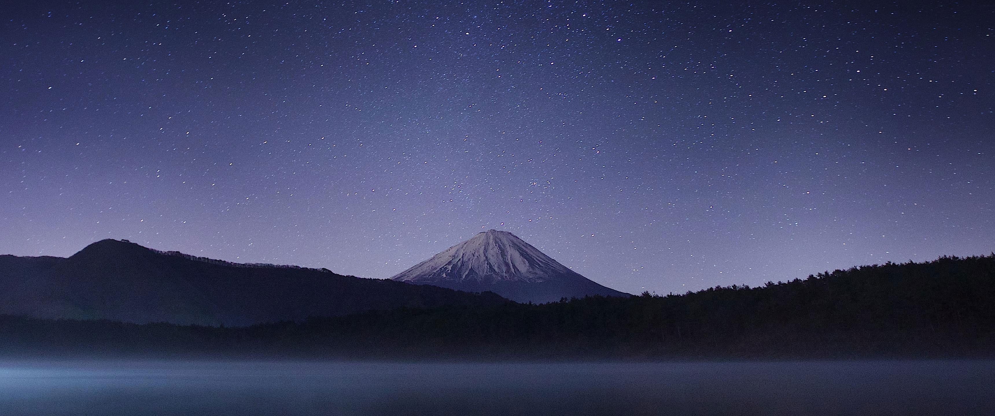 Fuji, Berg, Sternenhimmel, See, Nacht, 21:9, 2K-Hintergrundbild für den Desktop